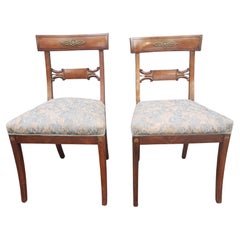 Pair of 19th C Empire Ormolu Mounted, Partial Gilt Mahogany & Upholstered Chairs