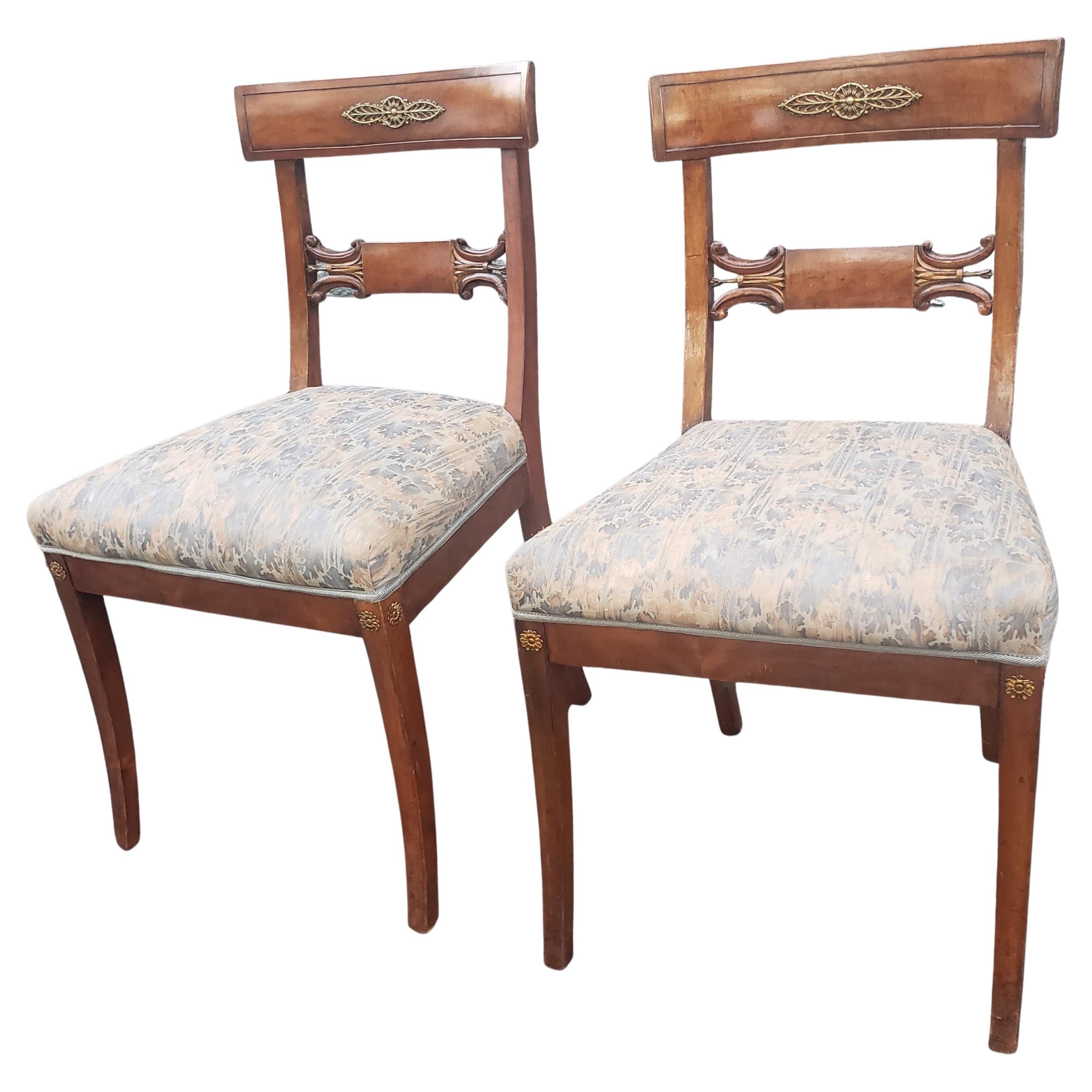 American Empire Pair of 19th C Empire Ormolu Mounted, Partial Gilt Mahogany & Upholstered Chairs For Sale