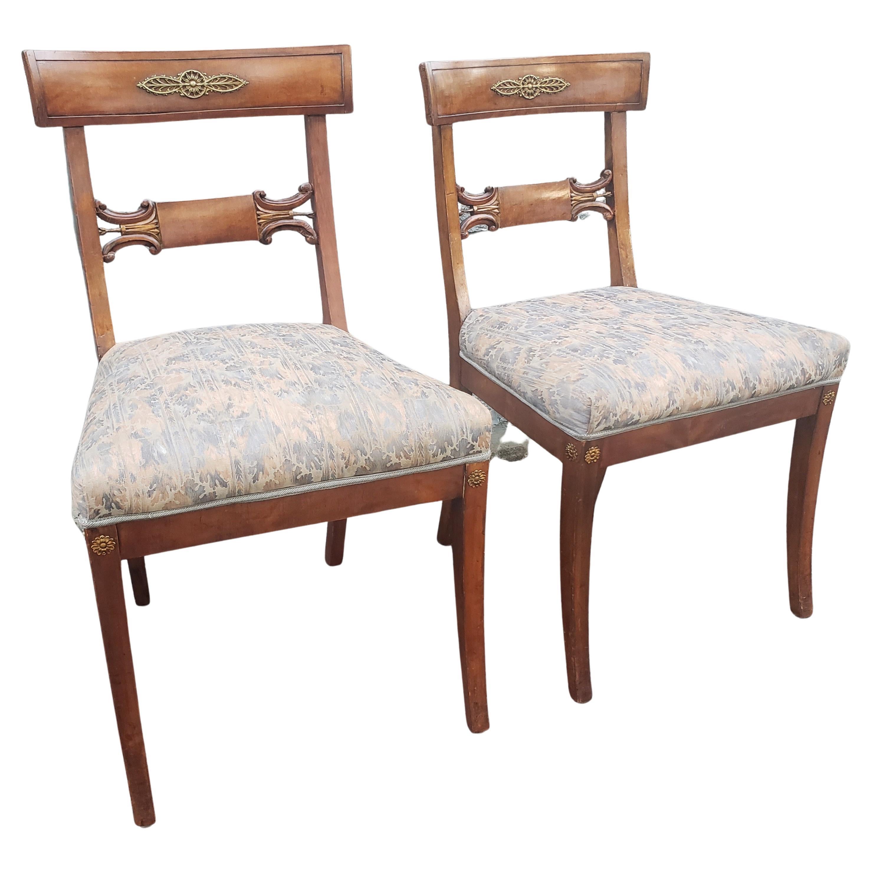 American Pair of 19th C Empire Ormolu Mounted, Partial Gilt Mahogany & Upholstered Chairs For Sale