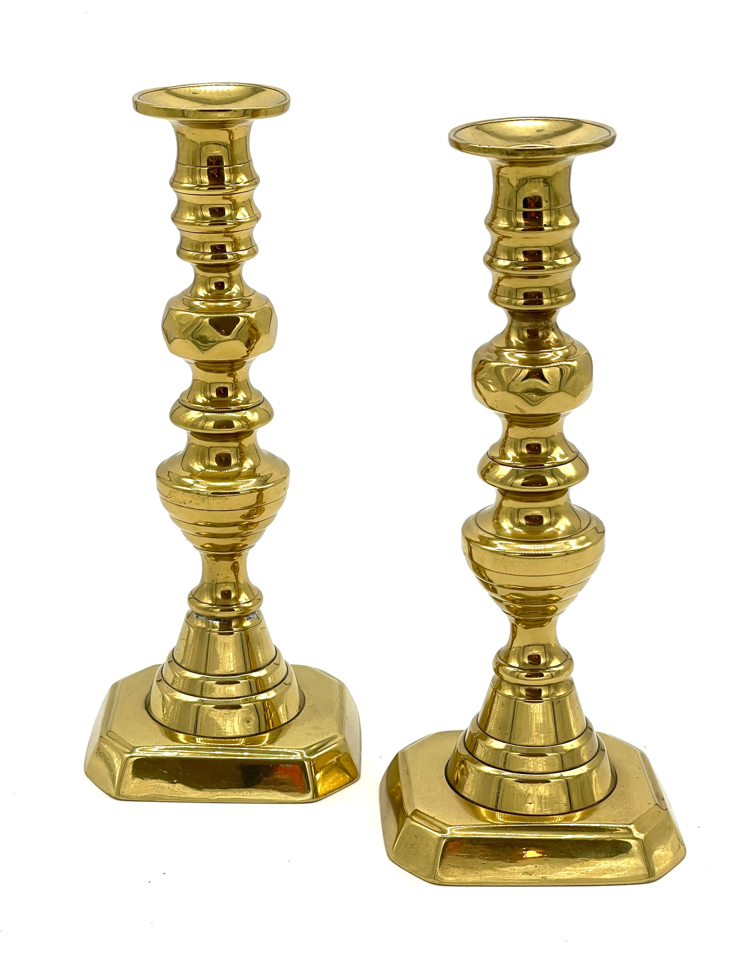 Victorian Pair of  19th C. English Brass Beehive Push Up Candlesticks  For Sale