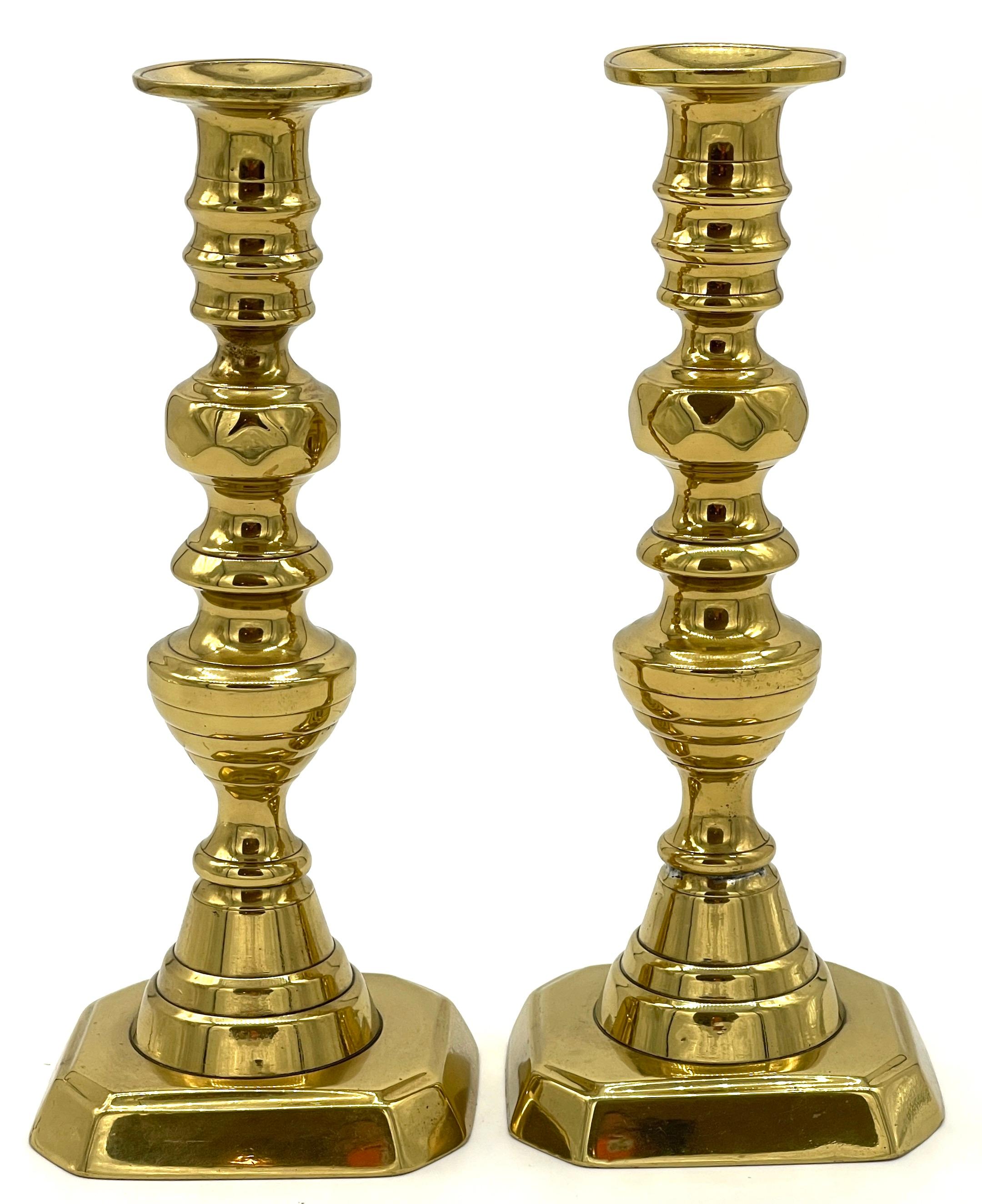 Cast Pair of  19th C. English Brass Beehive Push Up Candlesticks  For Sale