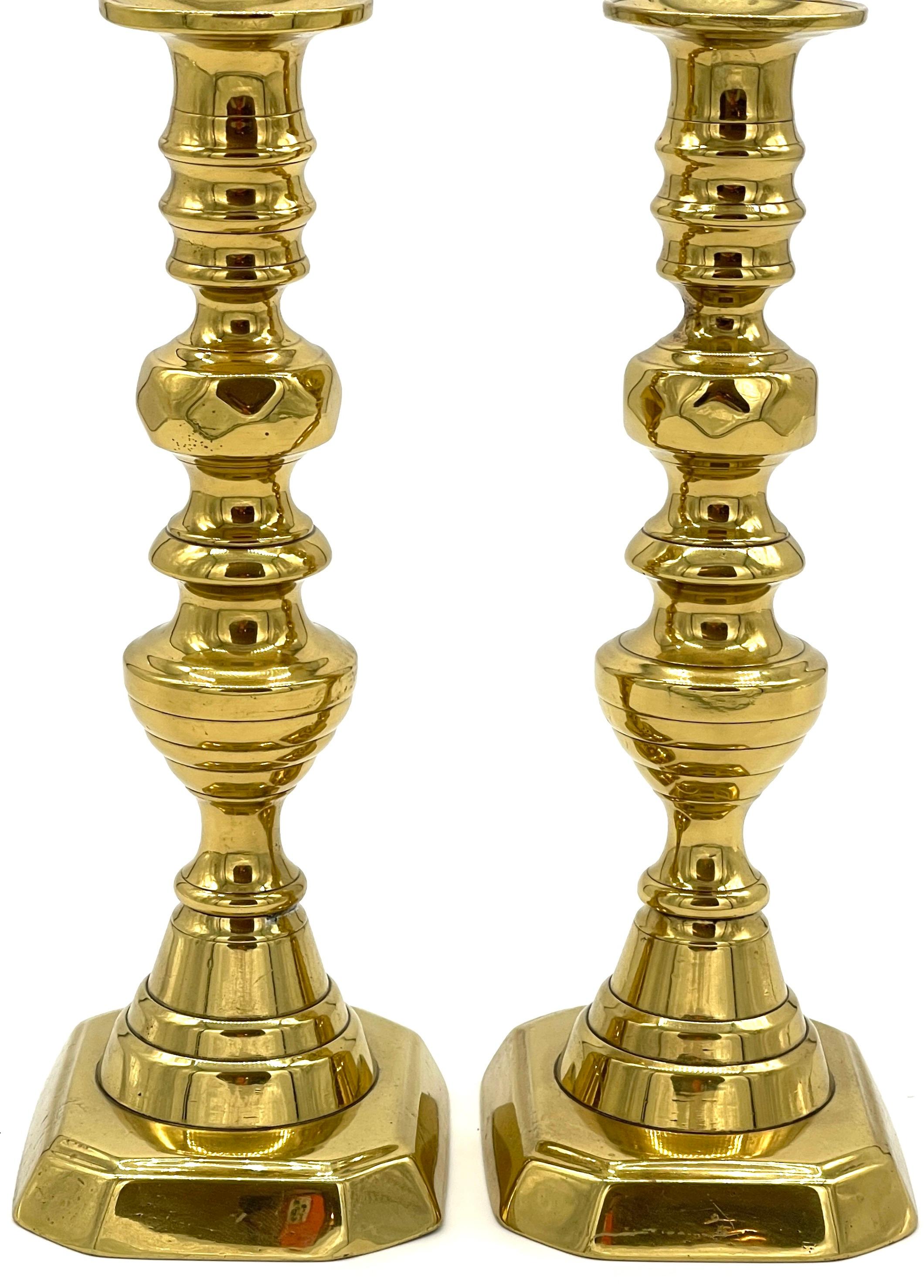Pair of  19th C. English Brass Beehive Push Up Candlesticks  In Good Condition For Sale In West Palm Beach, FL