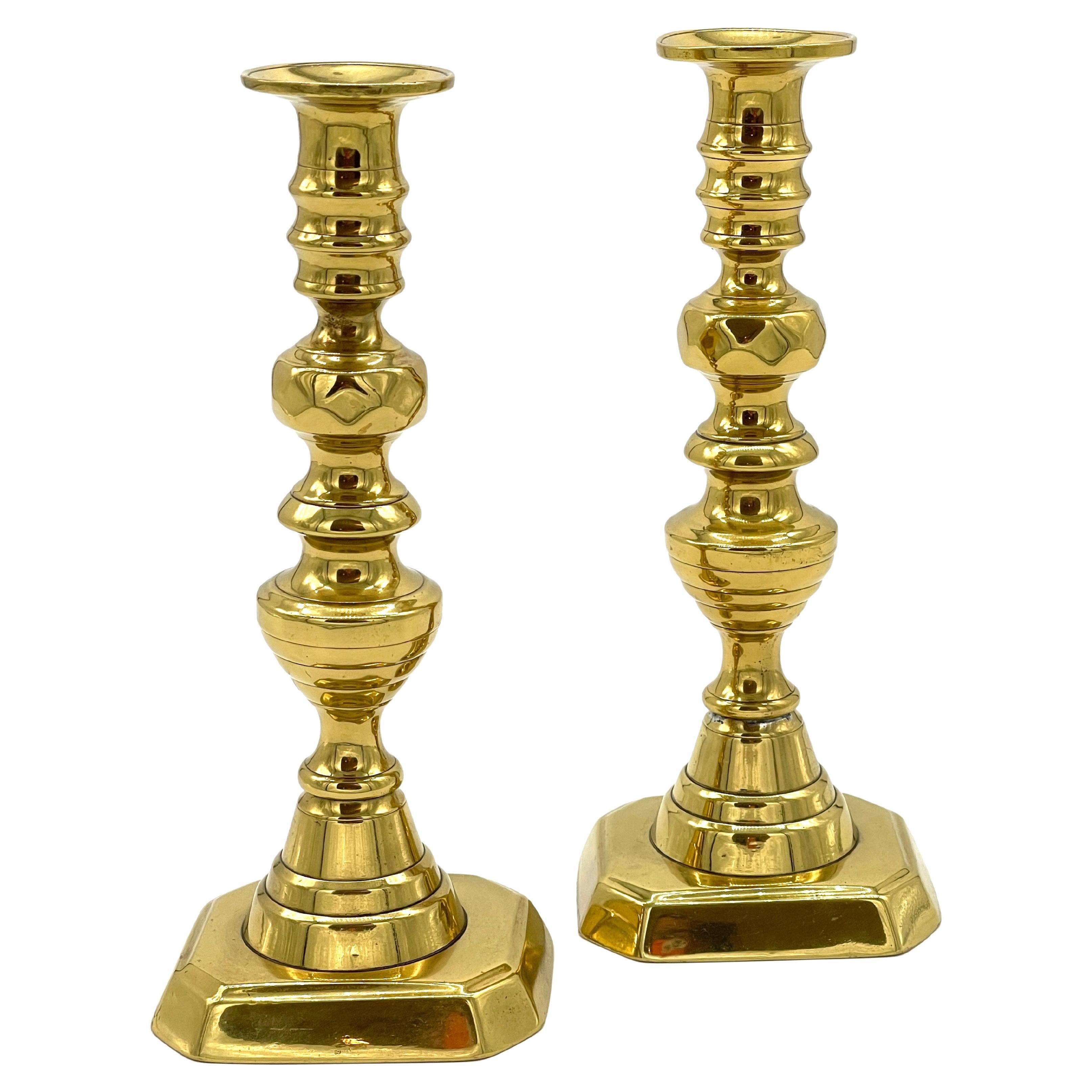 Pair of  19th C. English Brass Beehive Push Up Candlesticks  For Sale