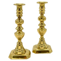 Pair of  19th C. English Brass Beehive Push Up Candlesticks 