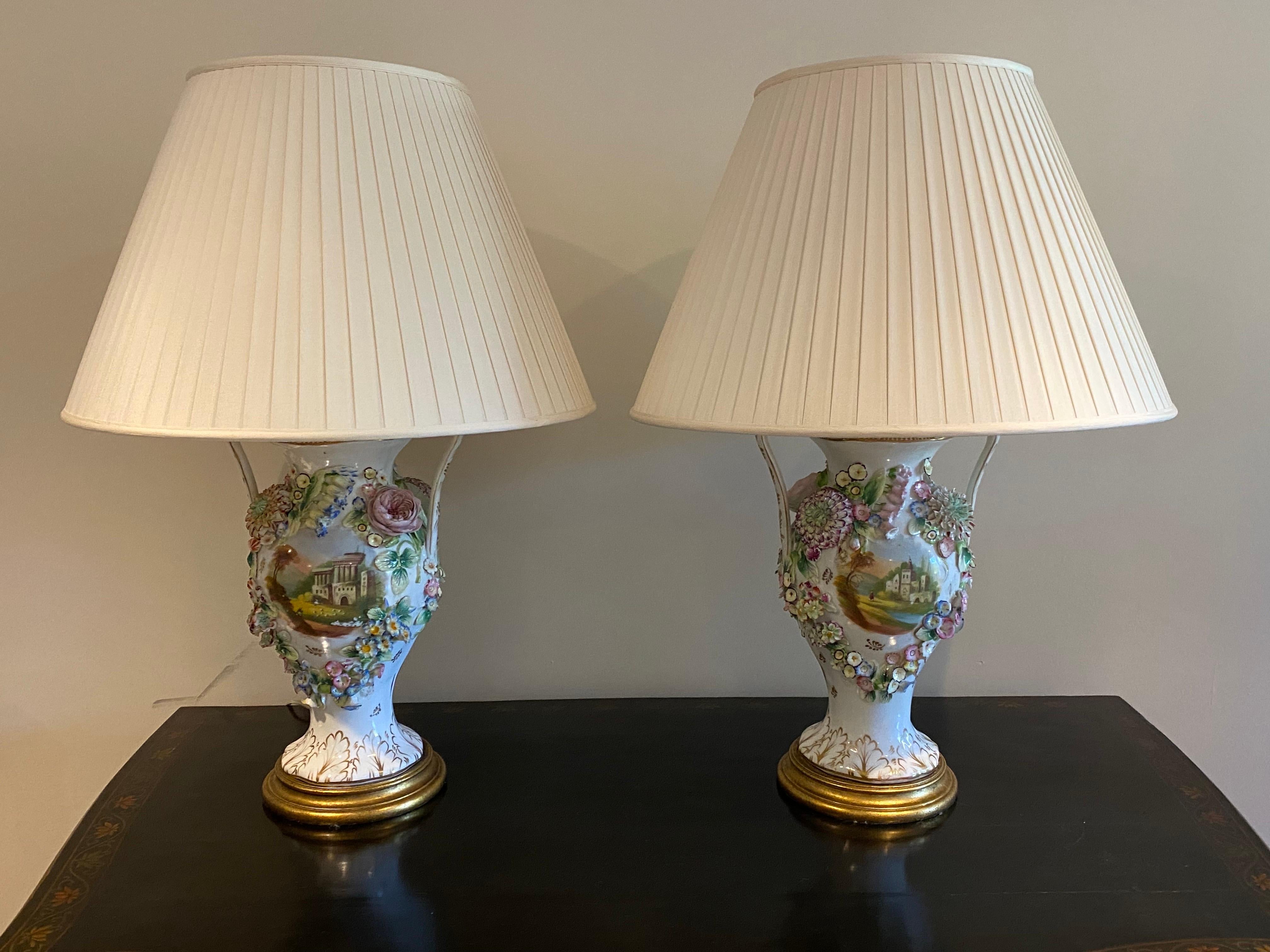 Glazed Pair of 19th C. English Coalport Porcelain Two Arm Vases converted to Lamps For Sale