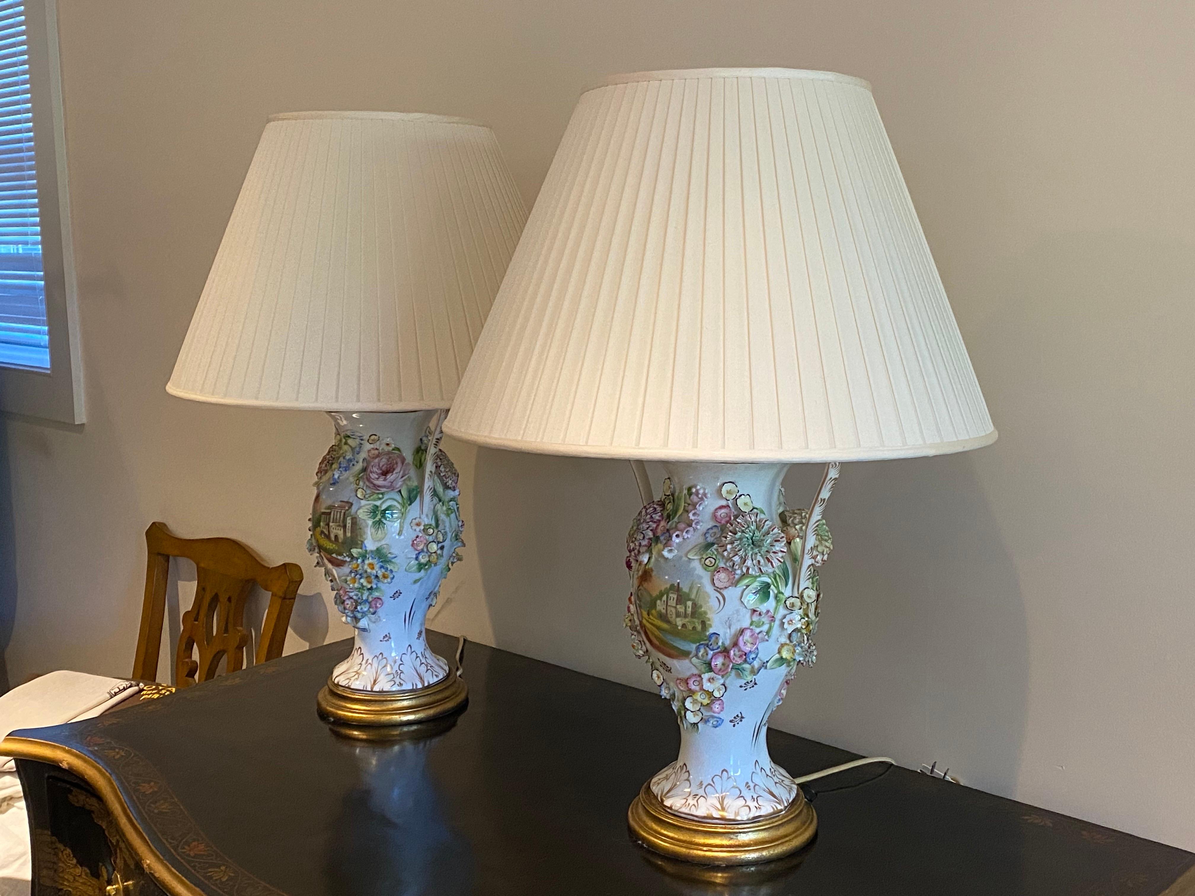 Pair of 19th C. English Coalport Porcelain Two Arm Vases converted to Lamps In Good Condition For Sale In Southampton, NY