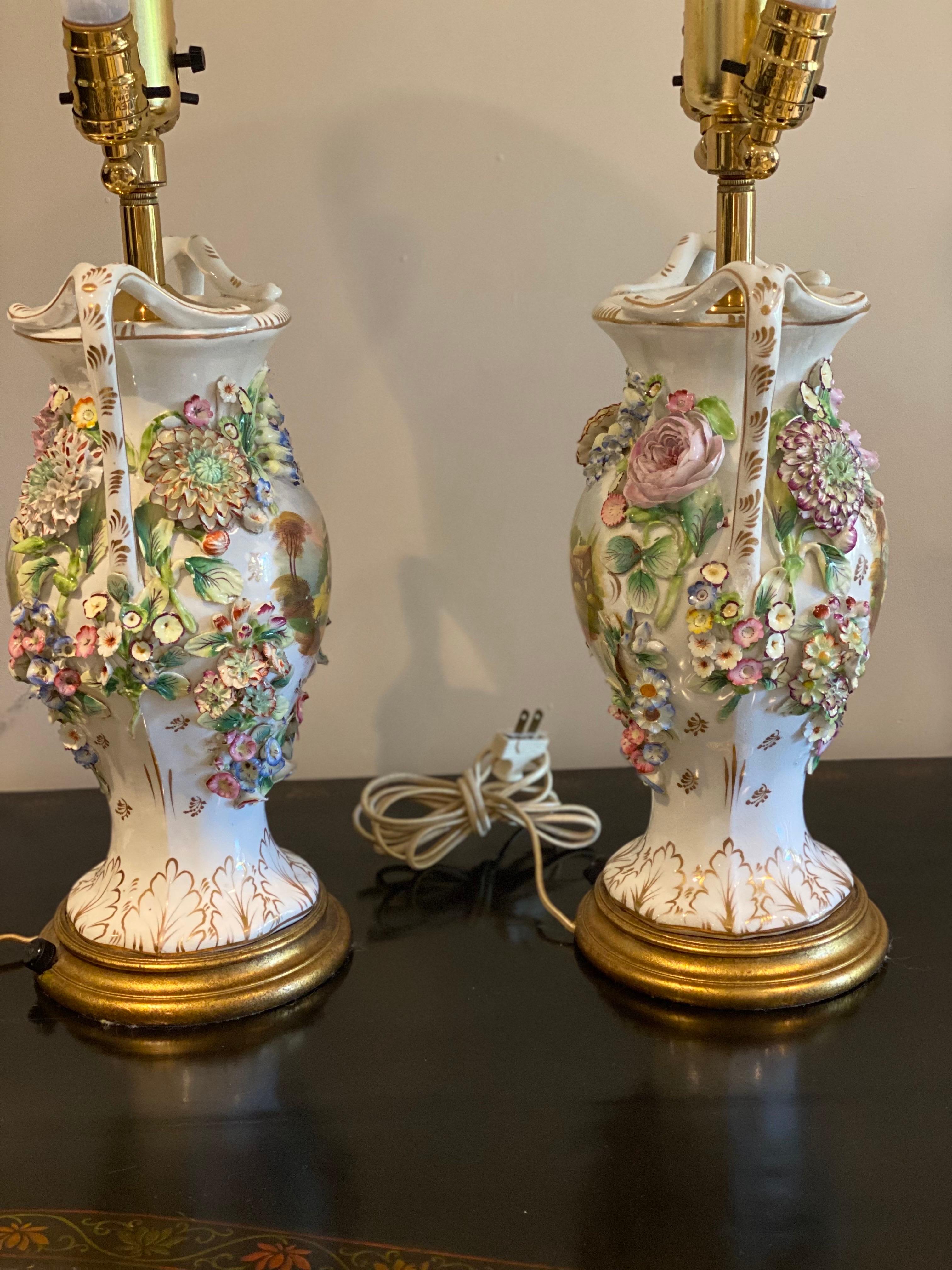 Pair of 19th C. English Coalport Porcelain Two Arm Vases converted to Lamps For Sale 1