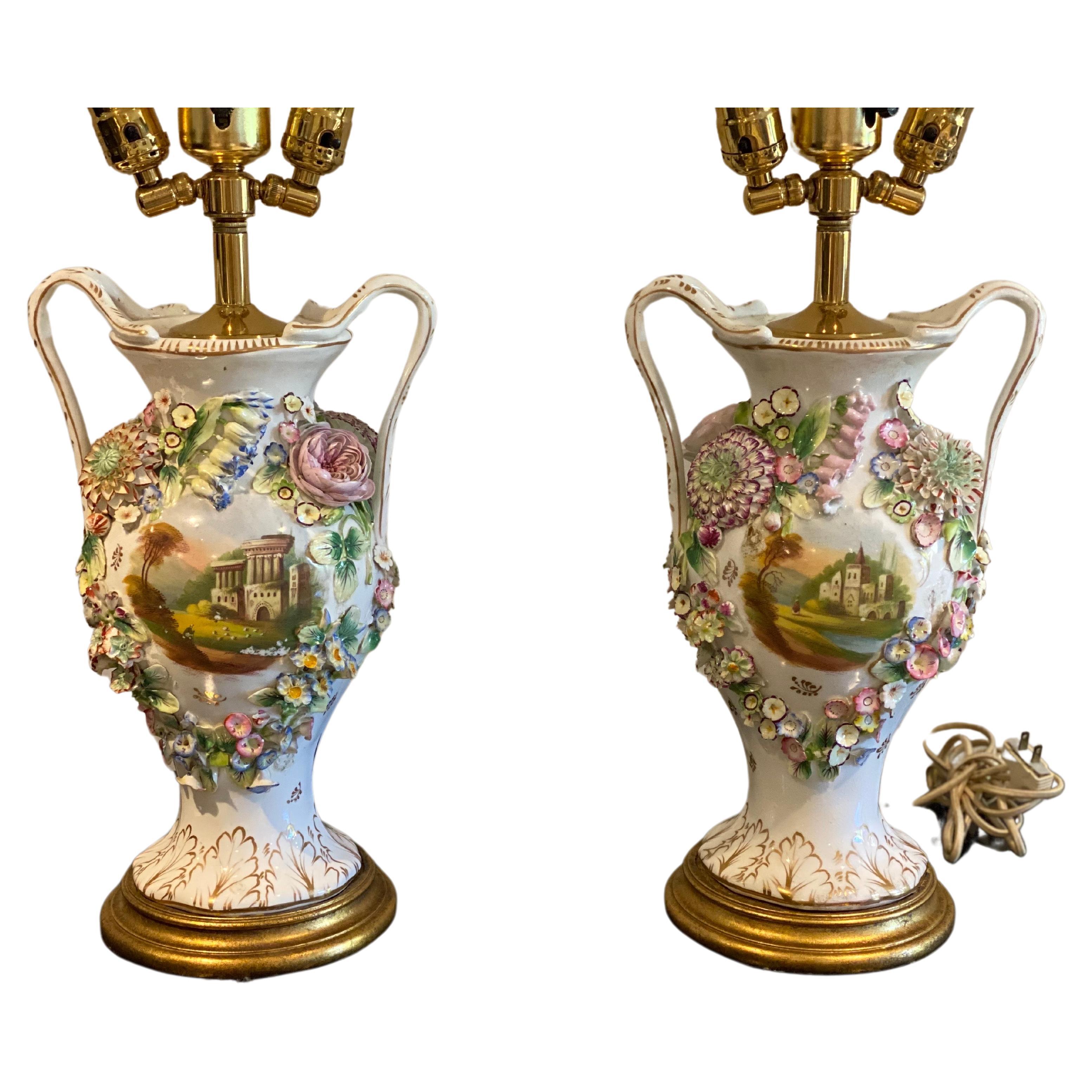 Pair of 19th C. English Coalport Porcelain Two Arm Vases converted to Lamps For Sale