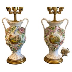 Pair of 19th C. English Coalport Porcelain Two Arm Vases converted to Lamps
