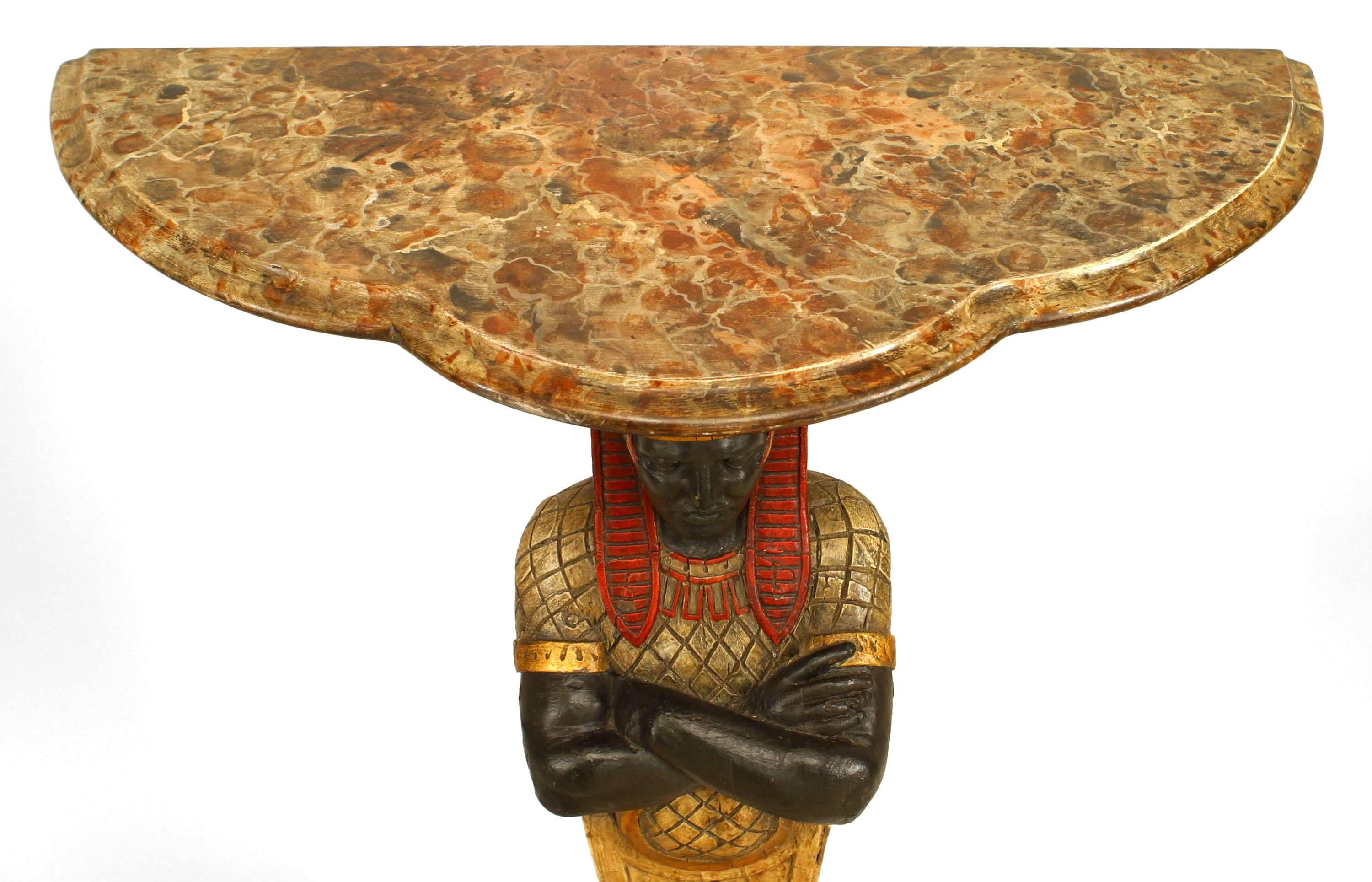 Wood Pair of Egyptian Style Painted Figural Faux Marble Top Console Tables For Sale