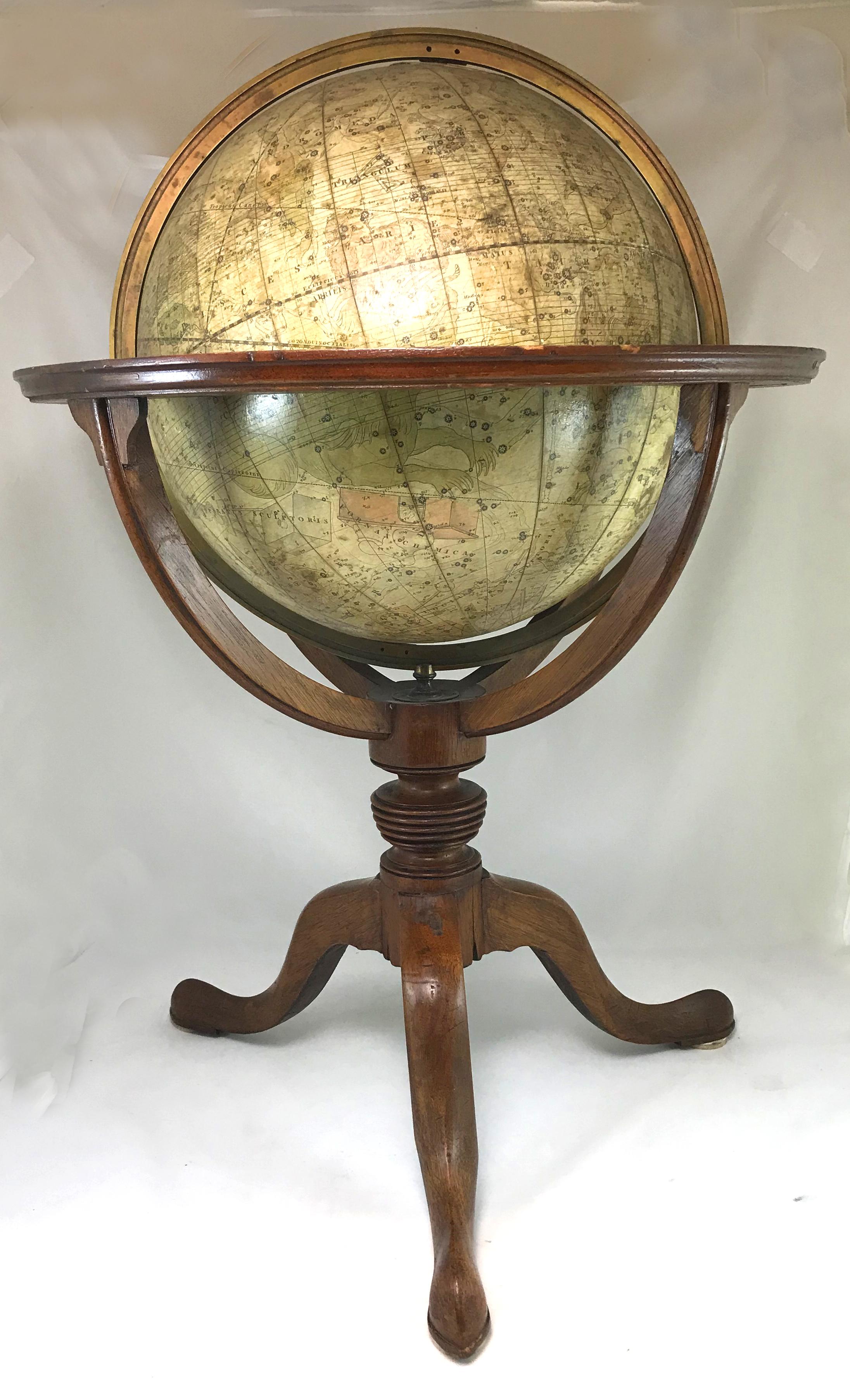 A fine assembled pair of 12-inch English table model globes on stands manufactured by J & W. Cary, the left globe with cartouche labeled “The New Celestial Globe, on which are correctly laid down over 3500 stars Selected from the most accurate