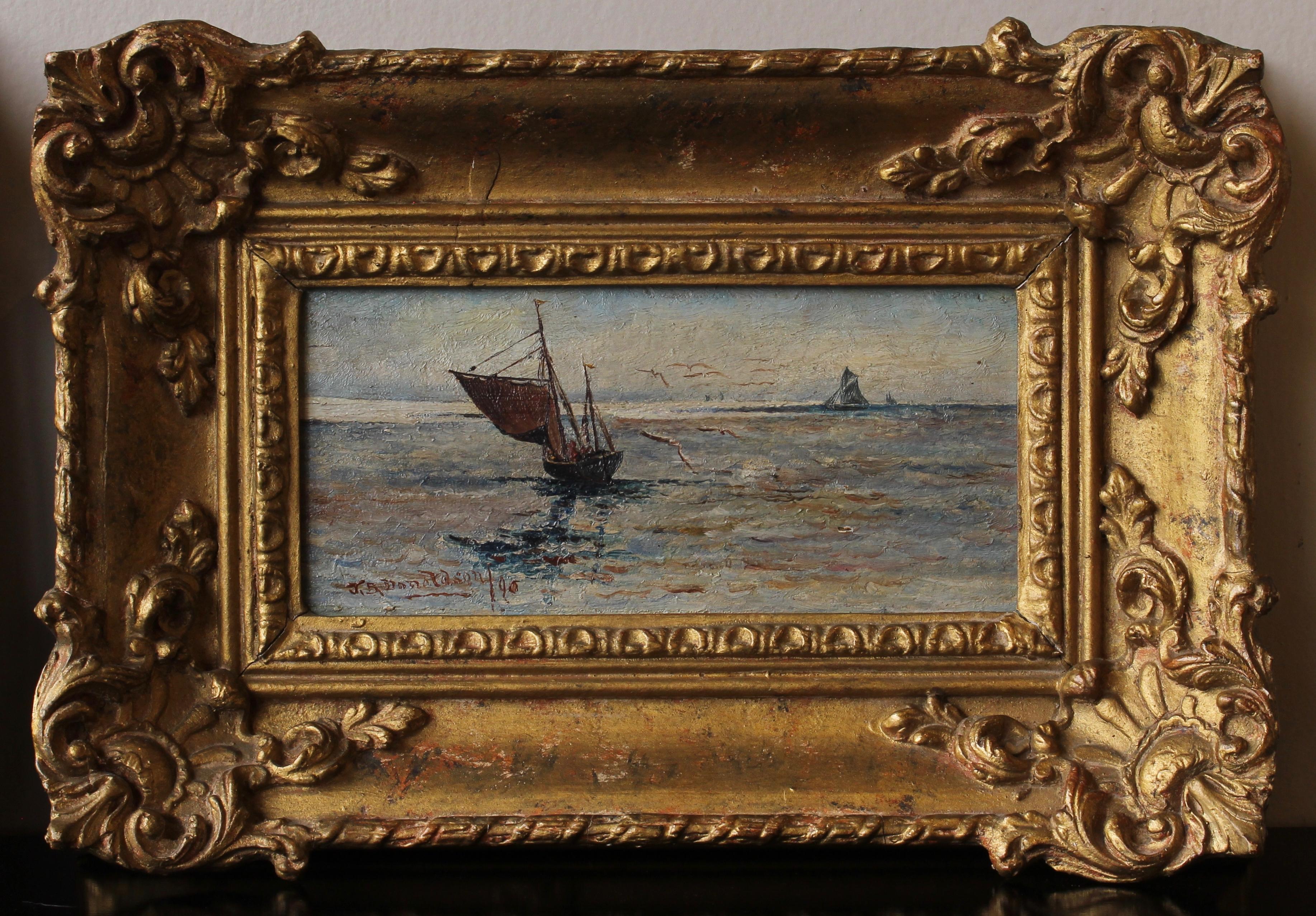 A charming companion pair of late 19th century English oil on board seascapes by J. D. Donaldson signed and dated 1890 in original giltwood frames.