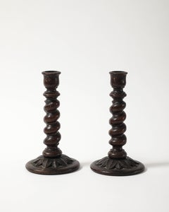Pair of 19th C English Wooden Barley Twist Candle Holders with Ornamental Base