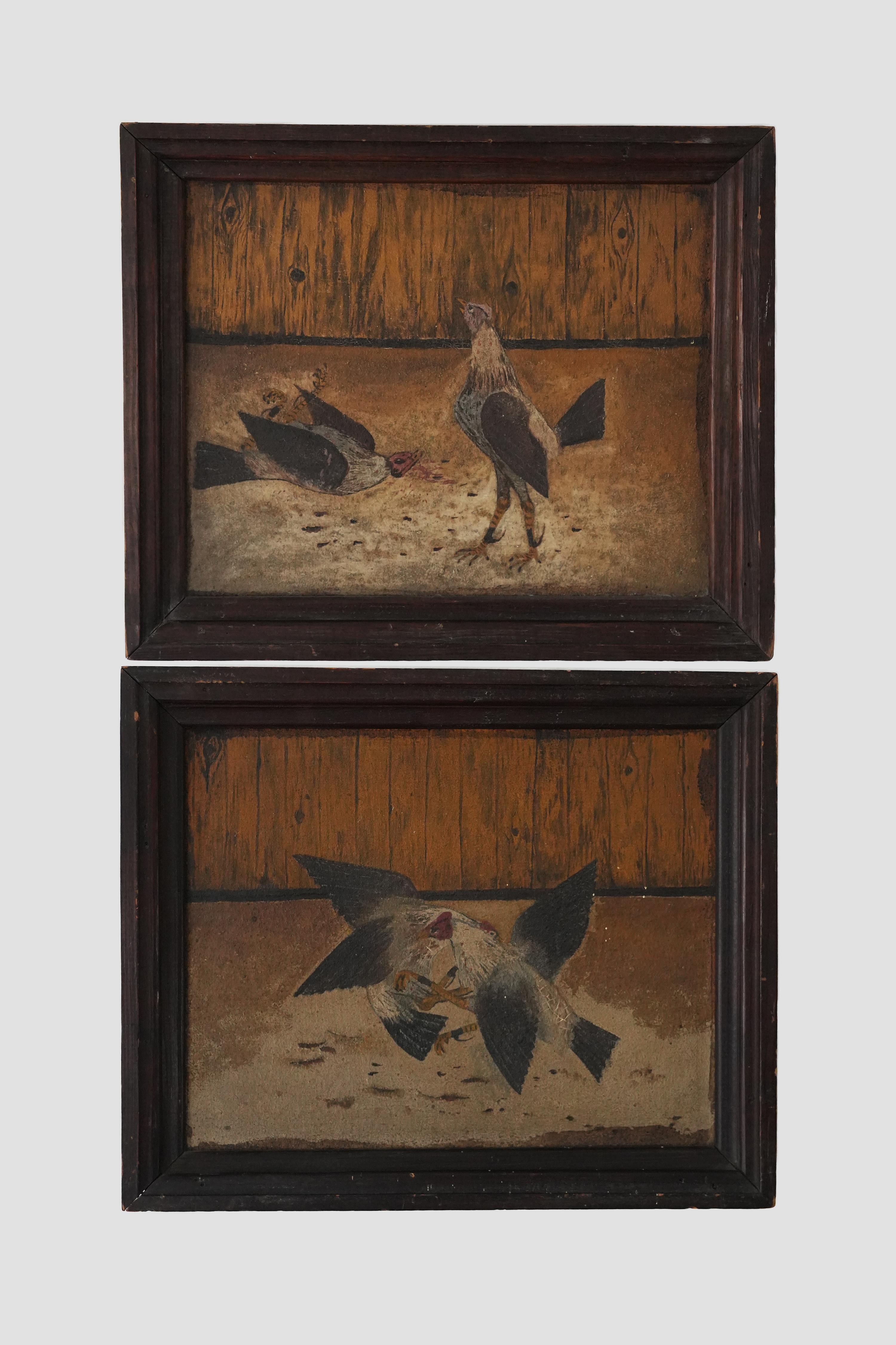 This is a fantastic pair of French cock fight paintings in their original wood frames.  One painting is depicting the two fighting cocks, while the other depicts the victorious rooster over the slain.  Wonderful scale and subject matter make these