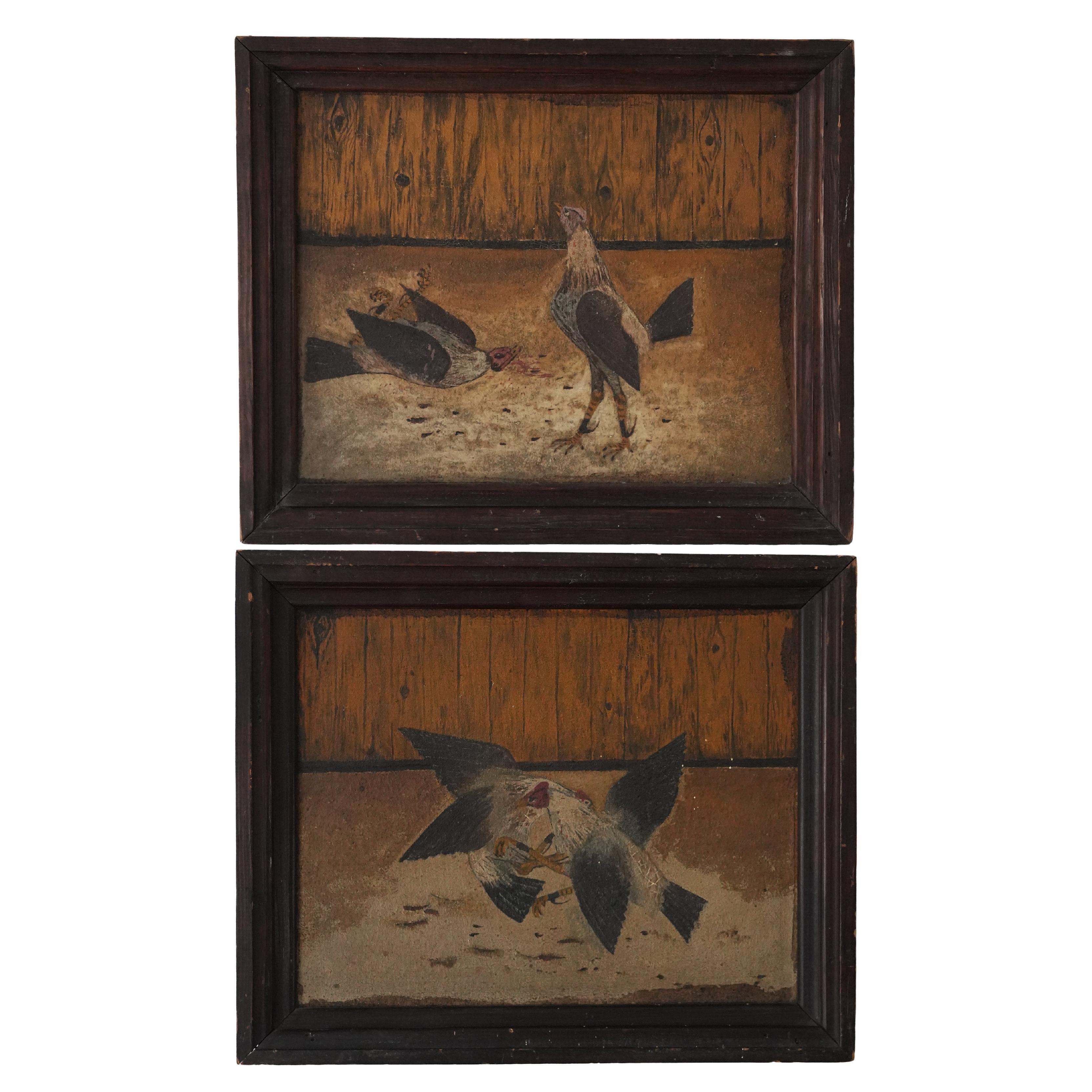 Pair of 19th C Fighting Cock Portraits 