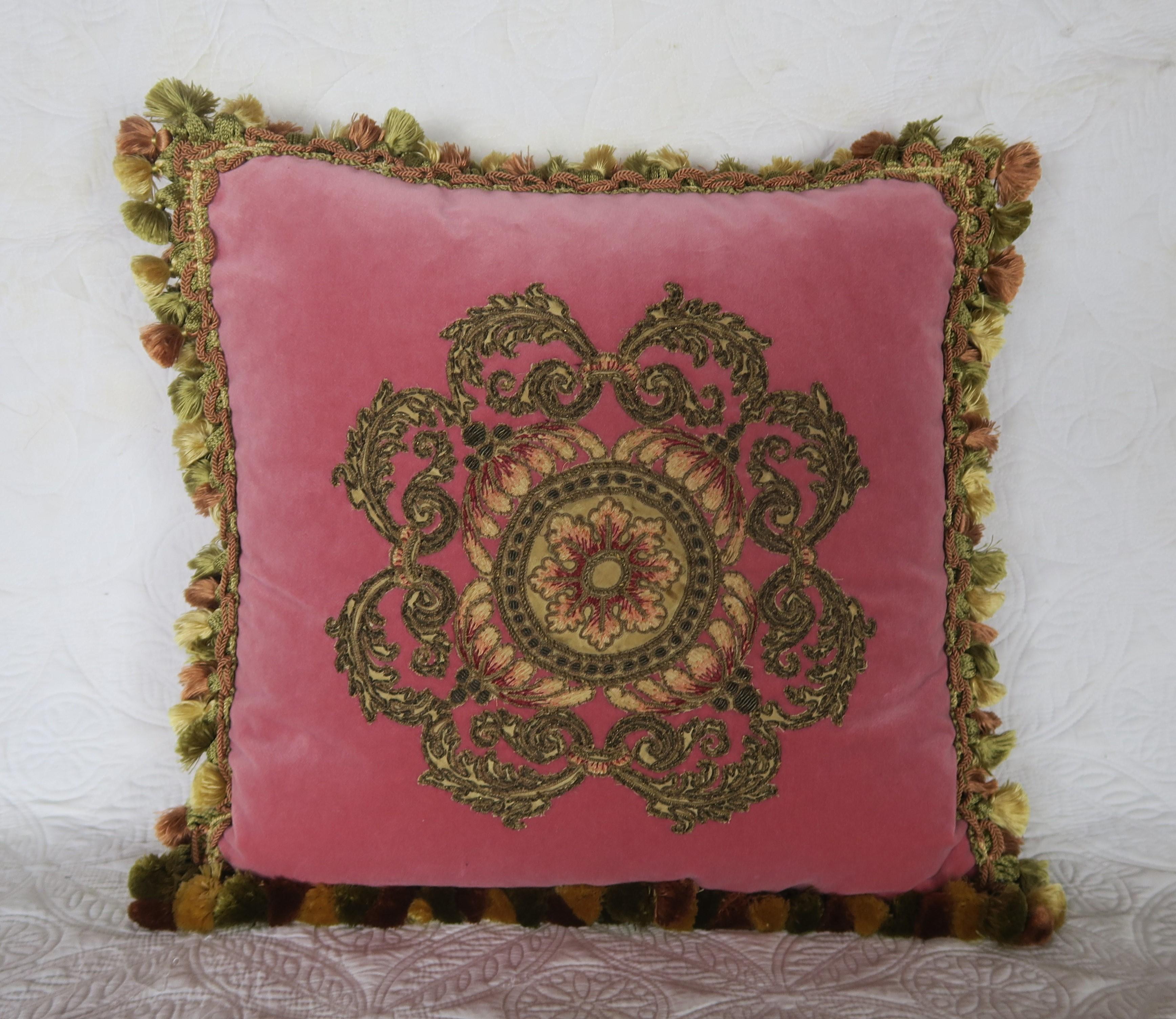Pair of 19th Century French Appliqued Pink Velvet Pillows by Melissa Levinson 1