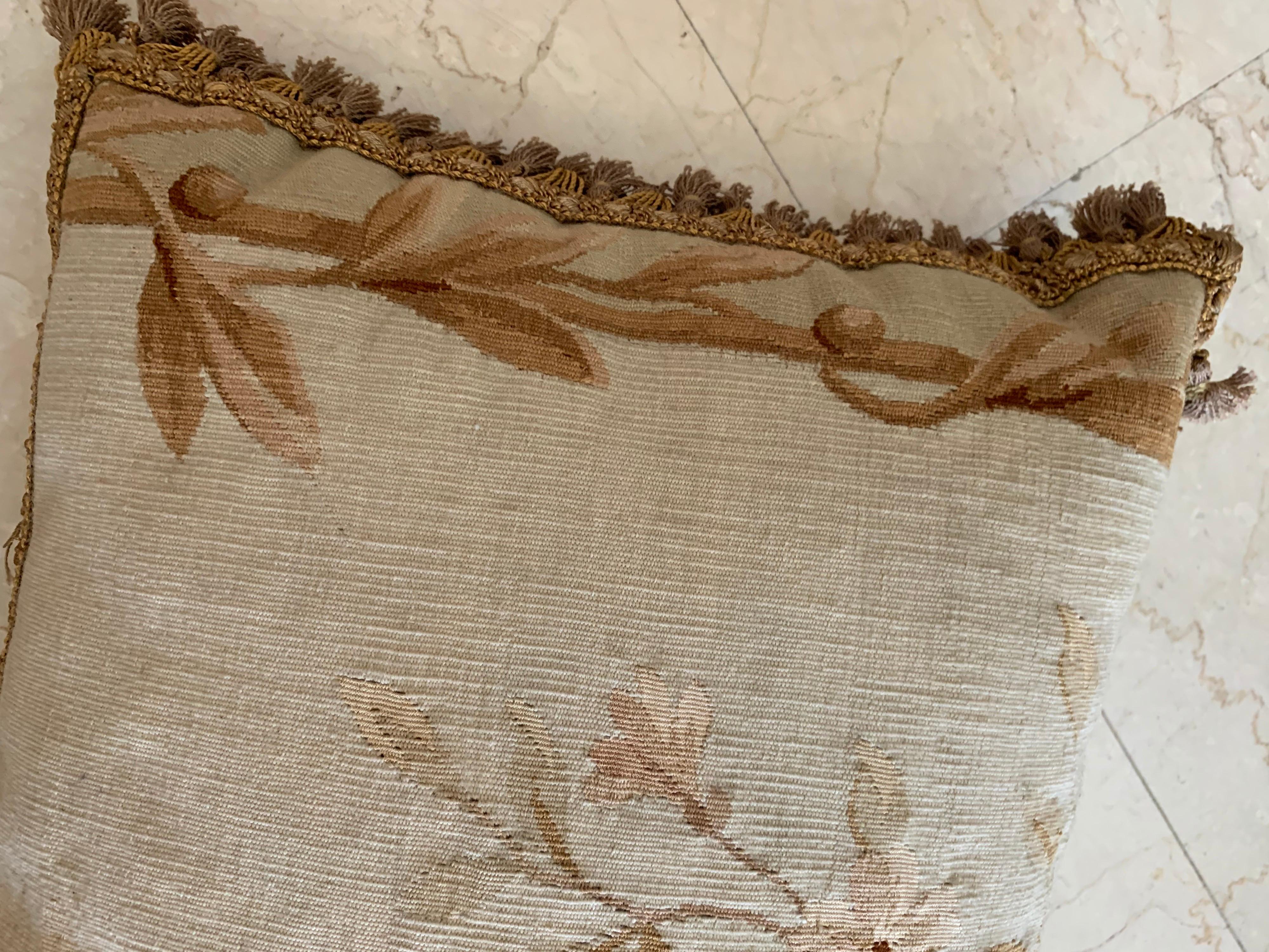 Pair of 19th C. French Aubusson Tapestry Pillows with Foliage and Petite Tassels 1