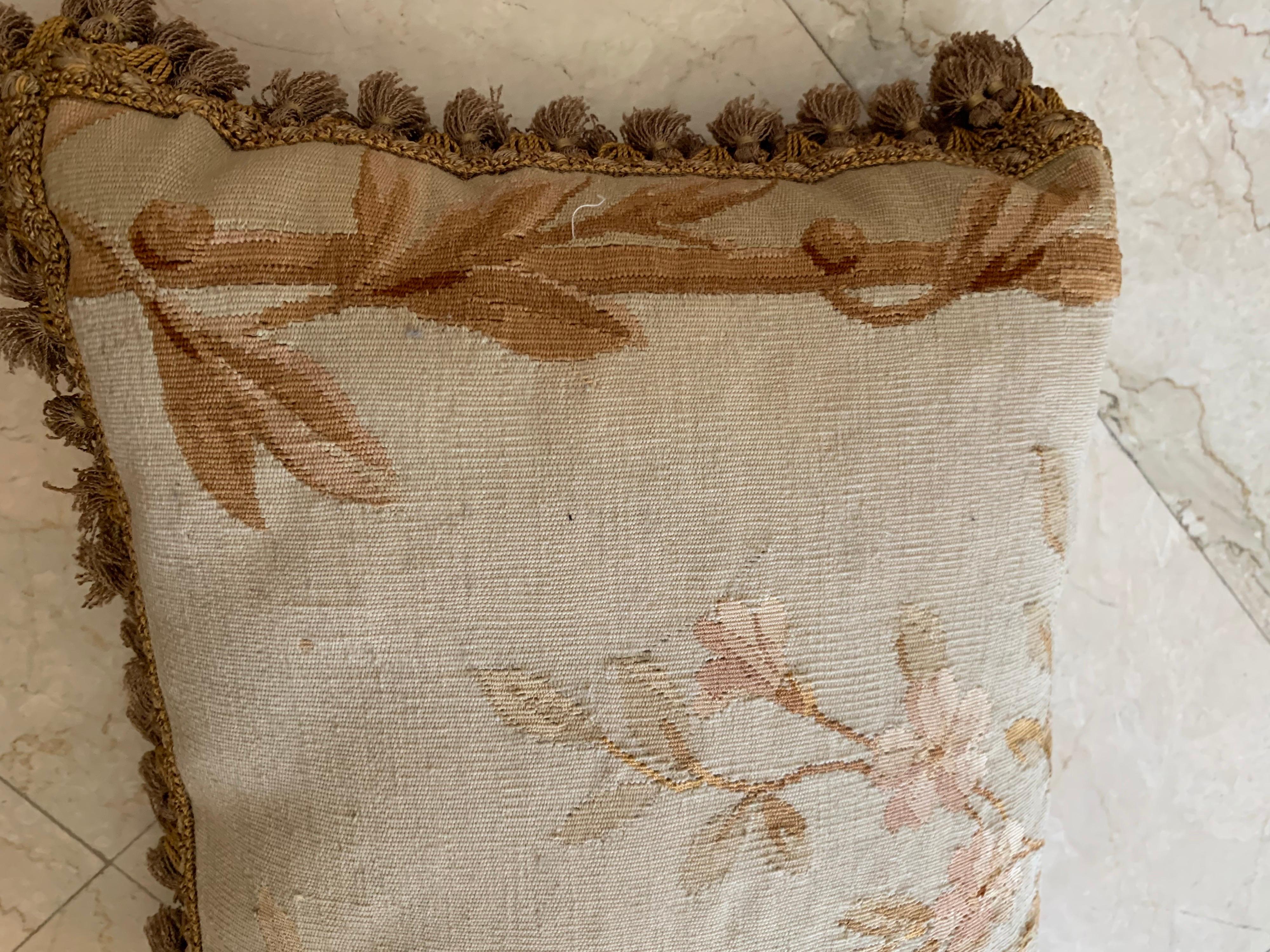 Pair of 19th C. French Aubusson Tapestry Pillows with Foliage and Petite Tassels 2