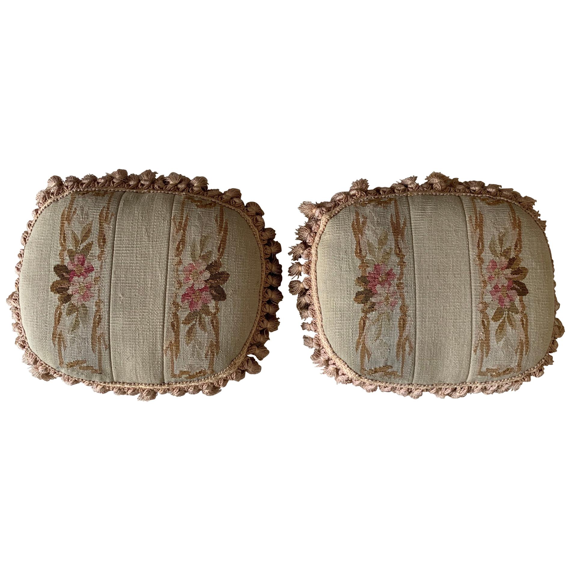 Pair of 19th Century French Tapestry Pillows with Foliage Petite Tassels