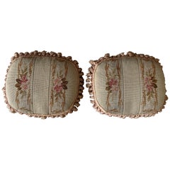 Antique Pair of 19th Century French Tapestry Pillows with Foliage Petite Tassels