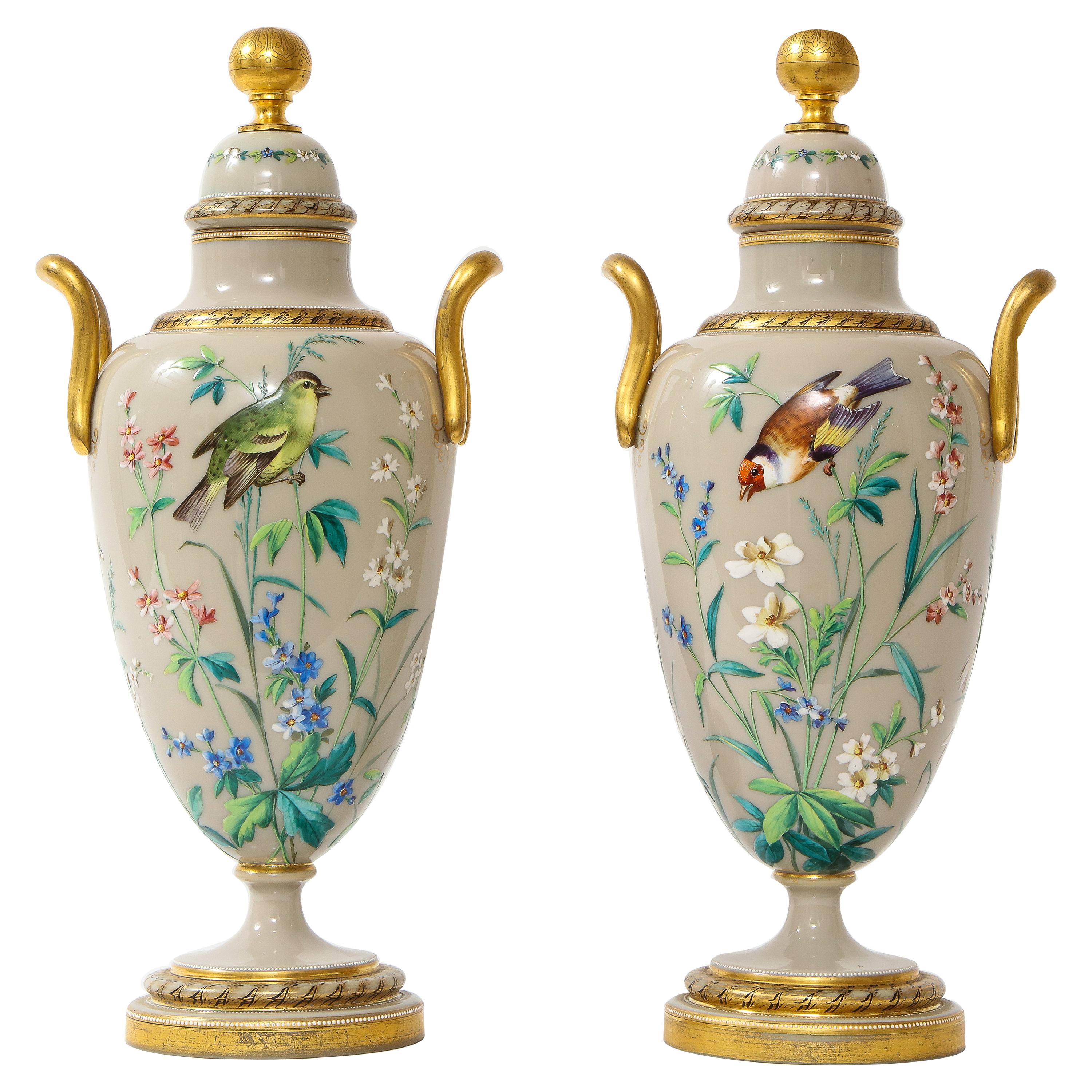 Pair of 19th C. French Baccarat Grey Opalescent Ground Hand-Enameled Vases