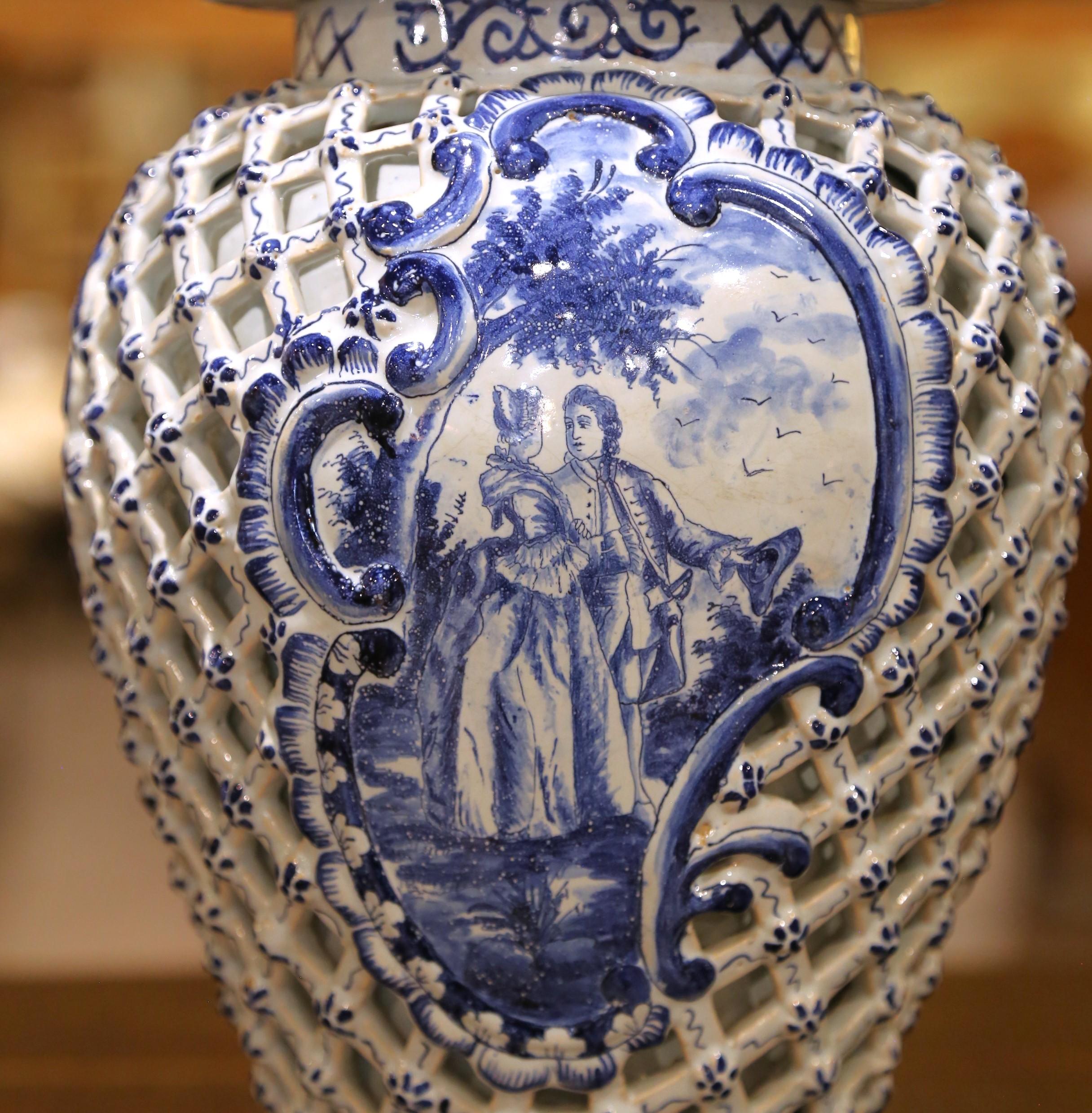 Pair of 19th C. French Blue and White Desvres Lidded Vases in Delft Style For Sale 3