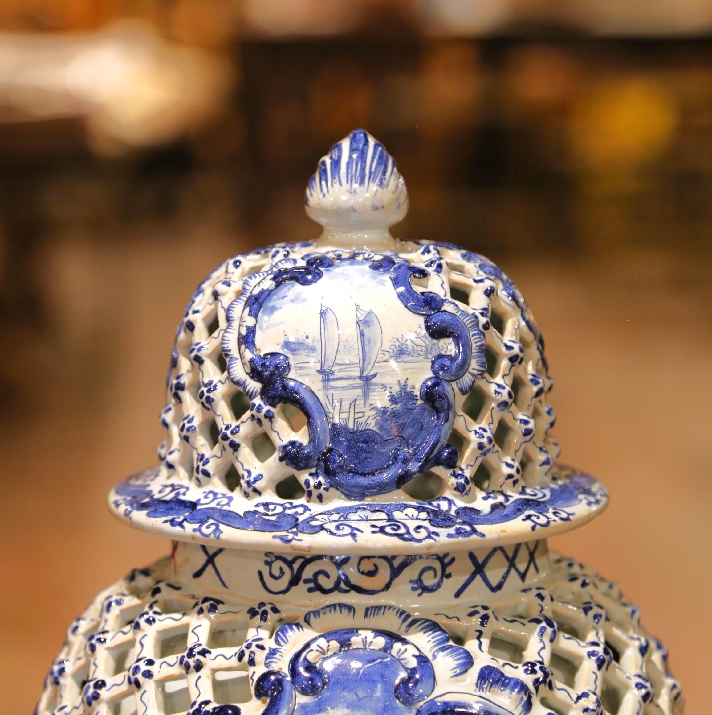 Pair of 19th C. French Blue and White Desvres Lidded Vases in Delft Style For Sale 4