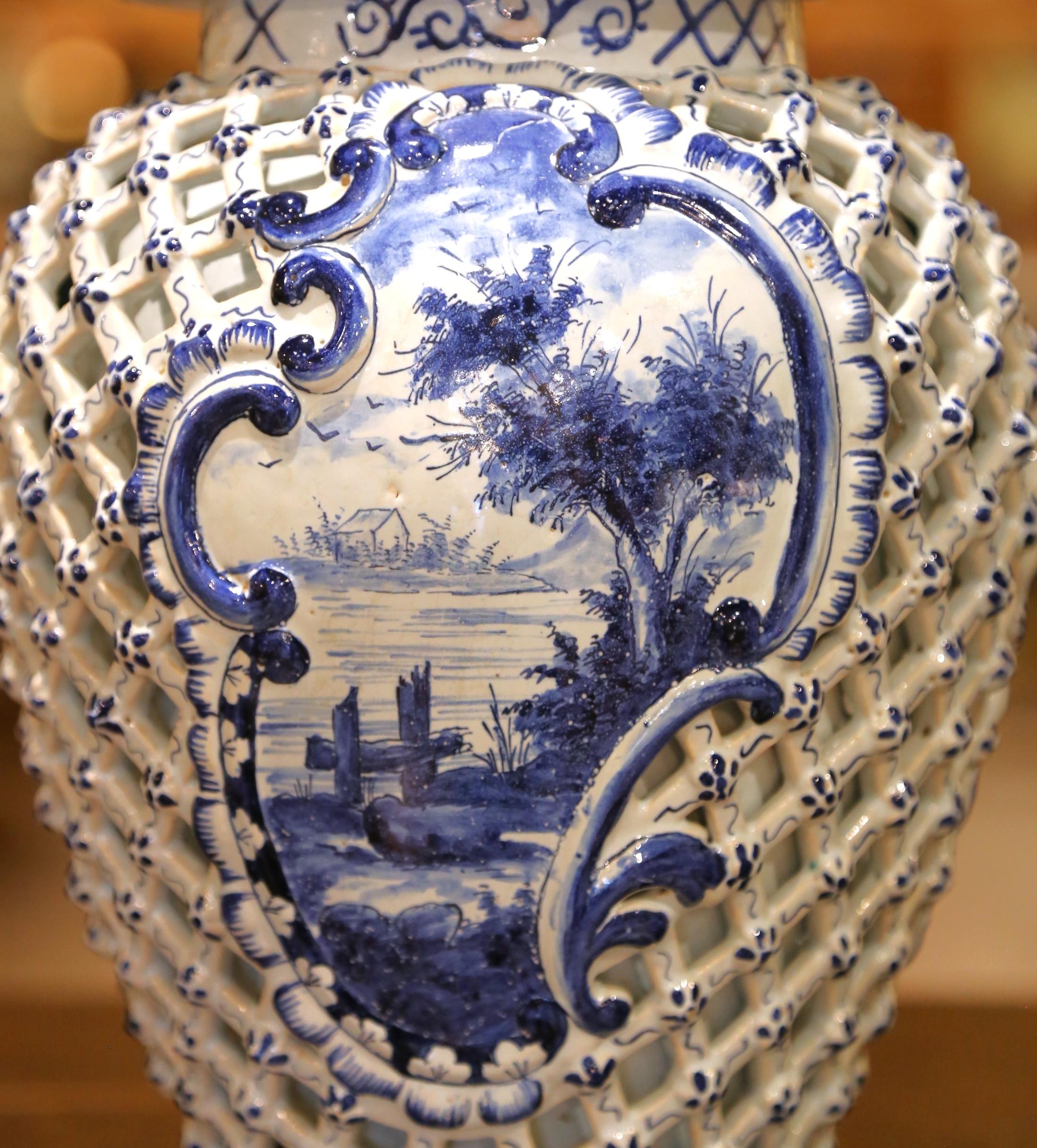 Pair of 19th C. French Blue and White Desvres Lidded Vases in Delft Style For Sale 5