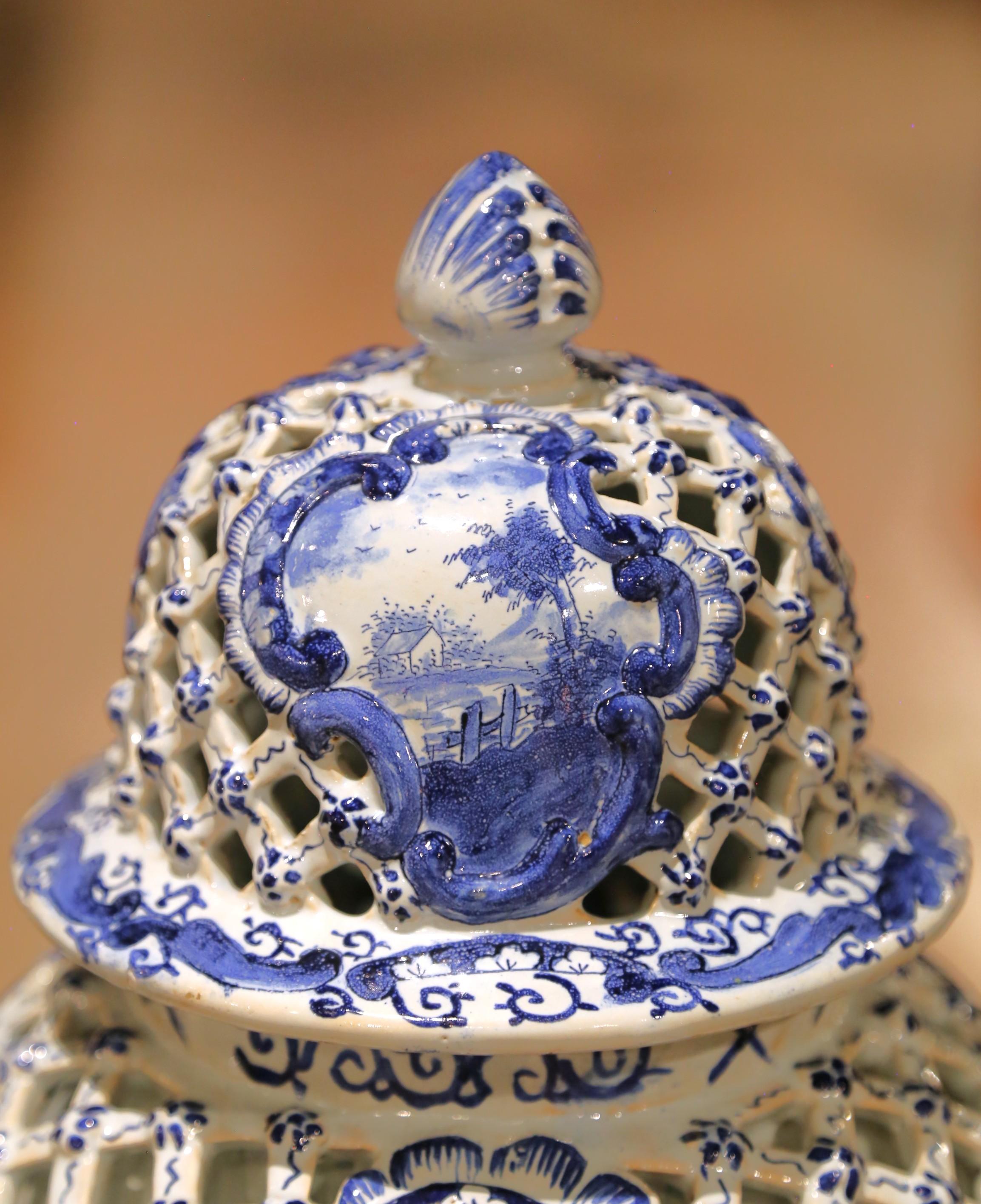 Pair of 19th C. French Blue and White Desvres Lidded Vases in Delft Style For Sale 6