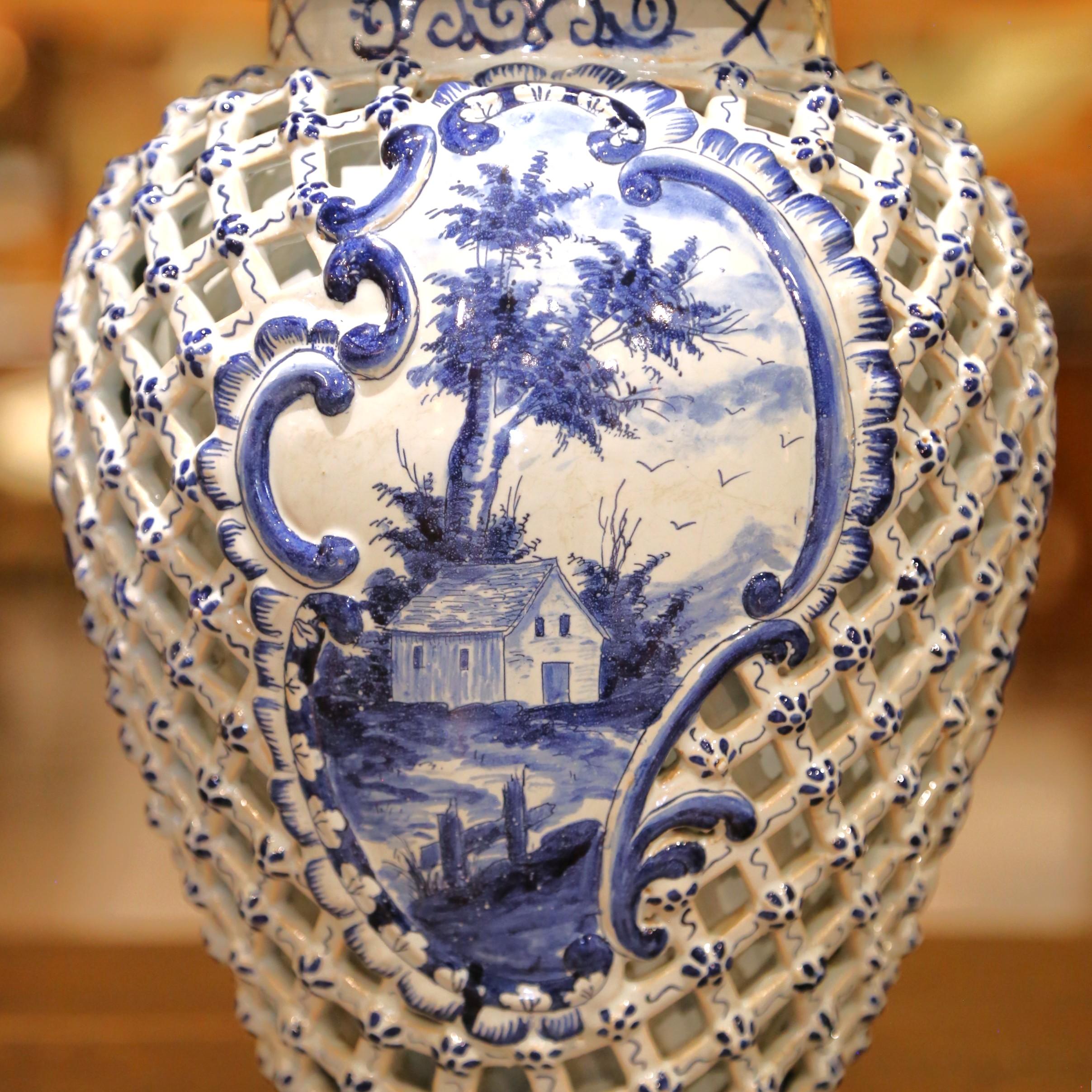 Pair of 19th C. French Blue and White Desvres Lidded Vases in Delft Style For Sale 7