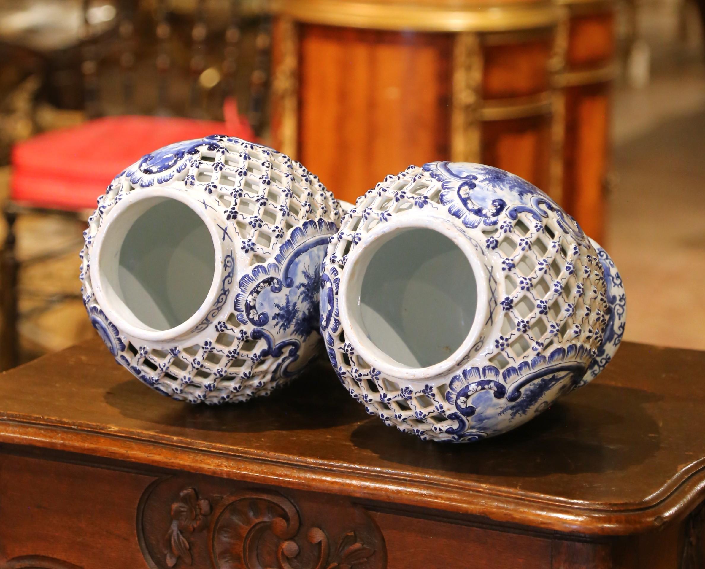 Pair of 19th C. French Blue and White Desvres Lidded Vases in Delft Style For Sale 8