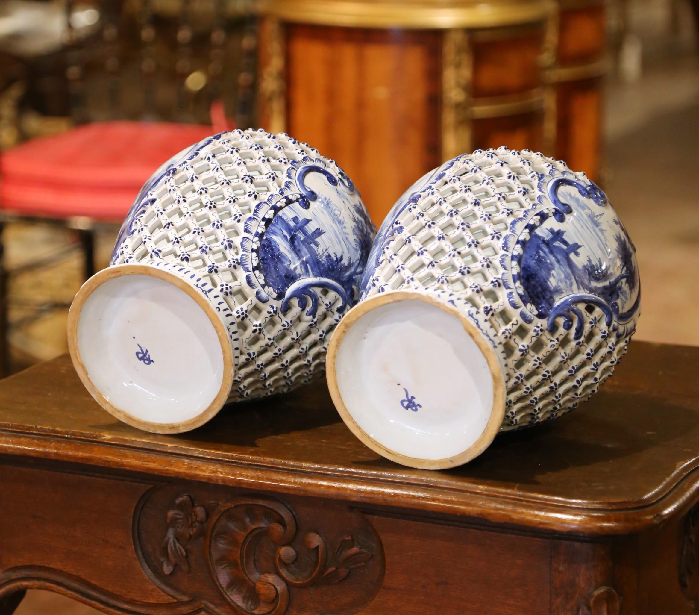 Pair of 19th C. French Blue and White Desvres Lidded Vases in Delft Style For Sale 9