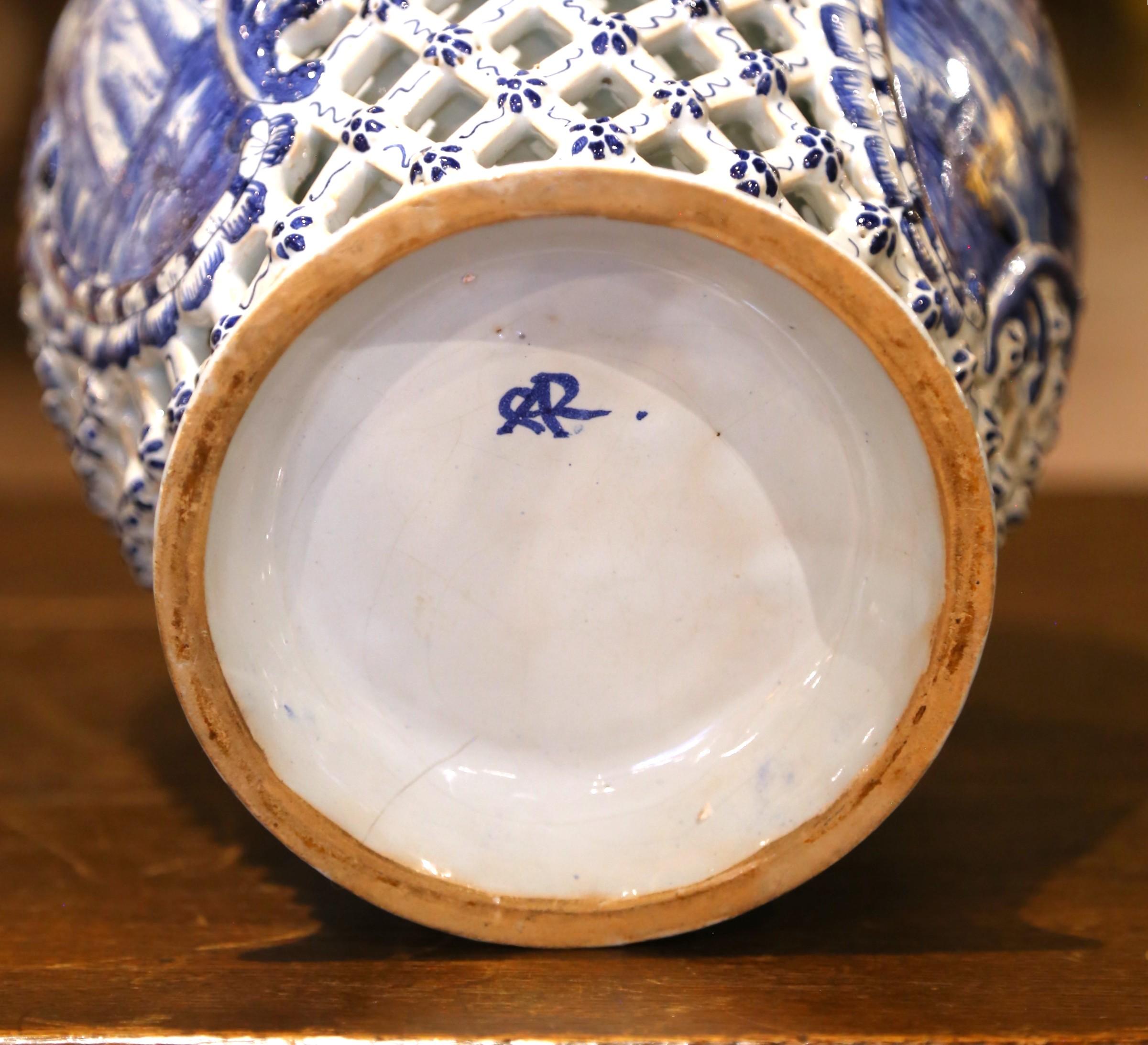 Pair of 19th C. French Blue and White Desvres Lidded Vases in Delft Style For Sale 10