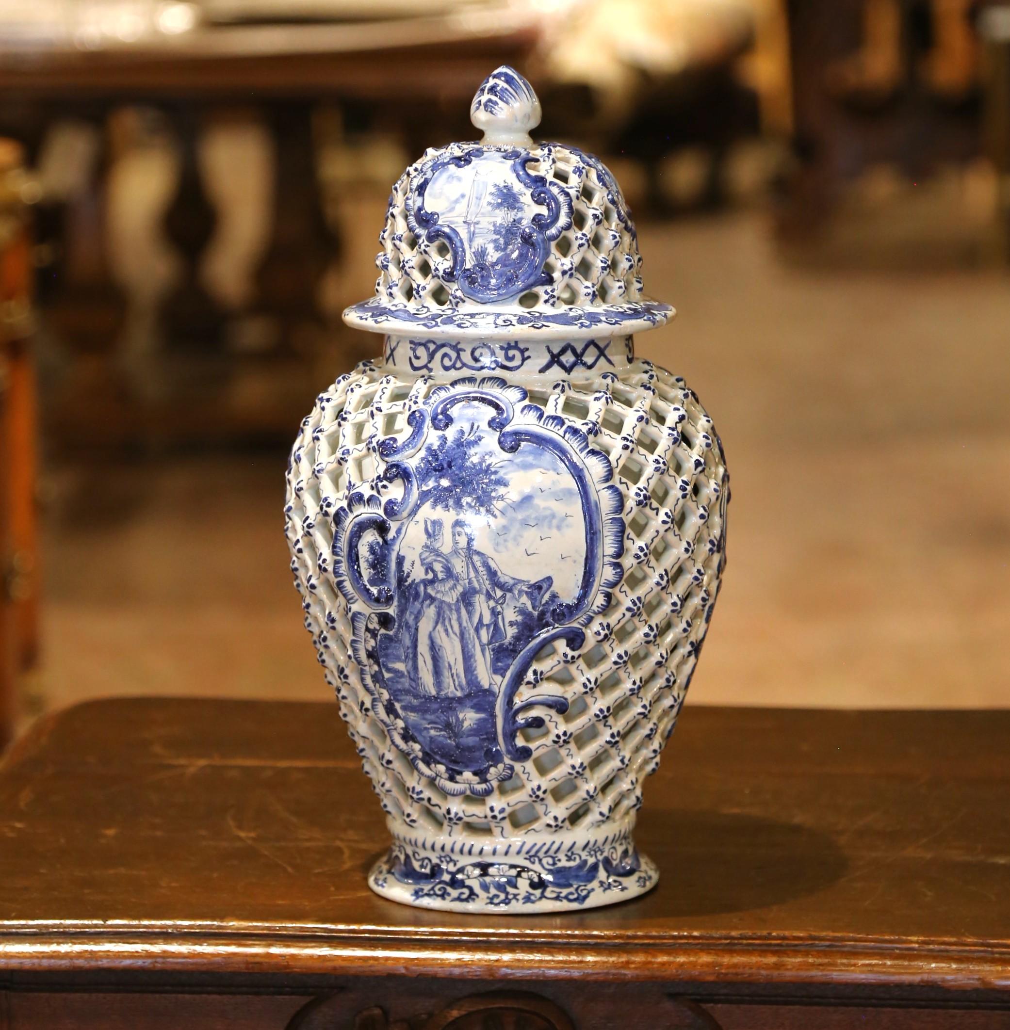 Louis XV Pair of 19th C. French Blue and White Desvres Lidded Vases in Delft Style For Sale