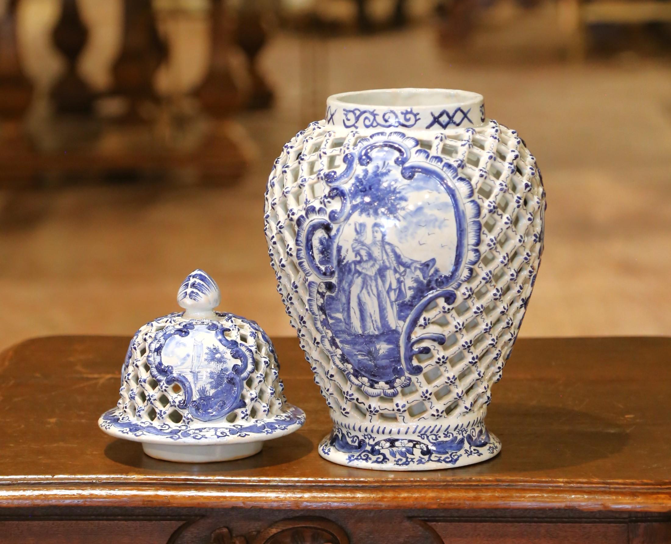 Hand-Crafted Pair of 19th C. French Blue and White Desvres Lidded Vases in Delft Style For Sale