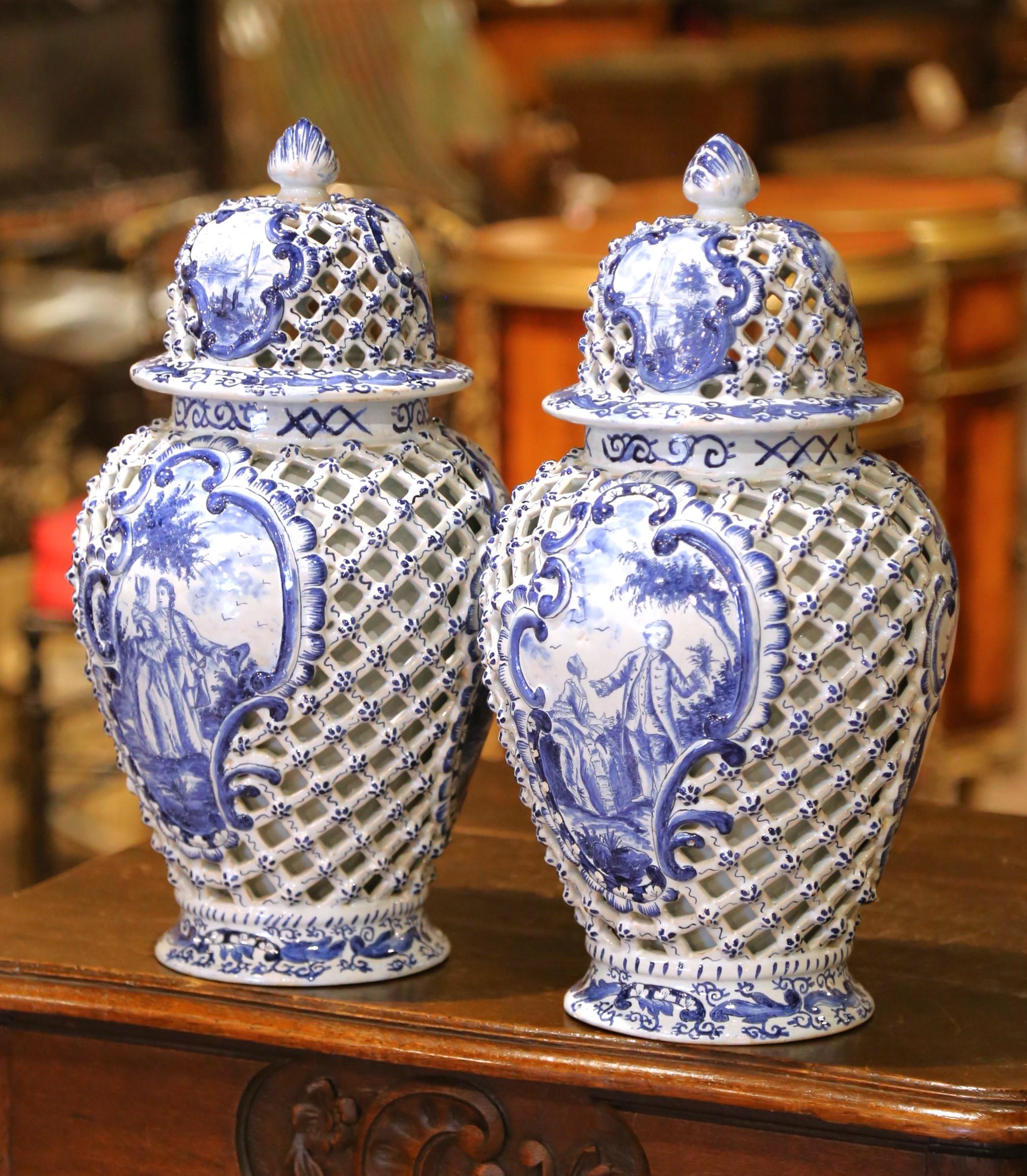 Pair of 19th C. French Blue and White Desvres Lidded Vases in Delft Style In Excellent Condition For Sale In Dallas, TX