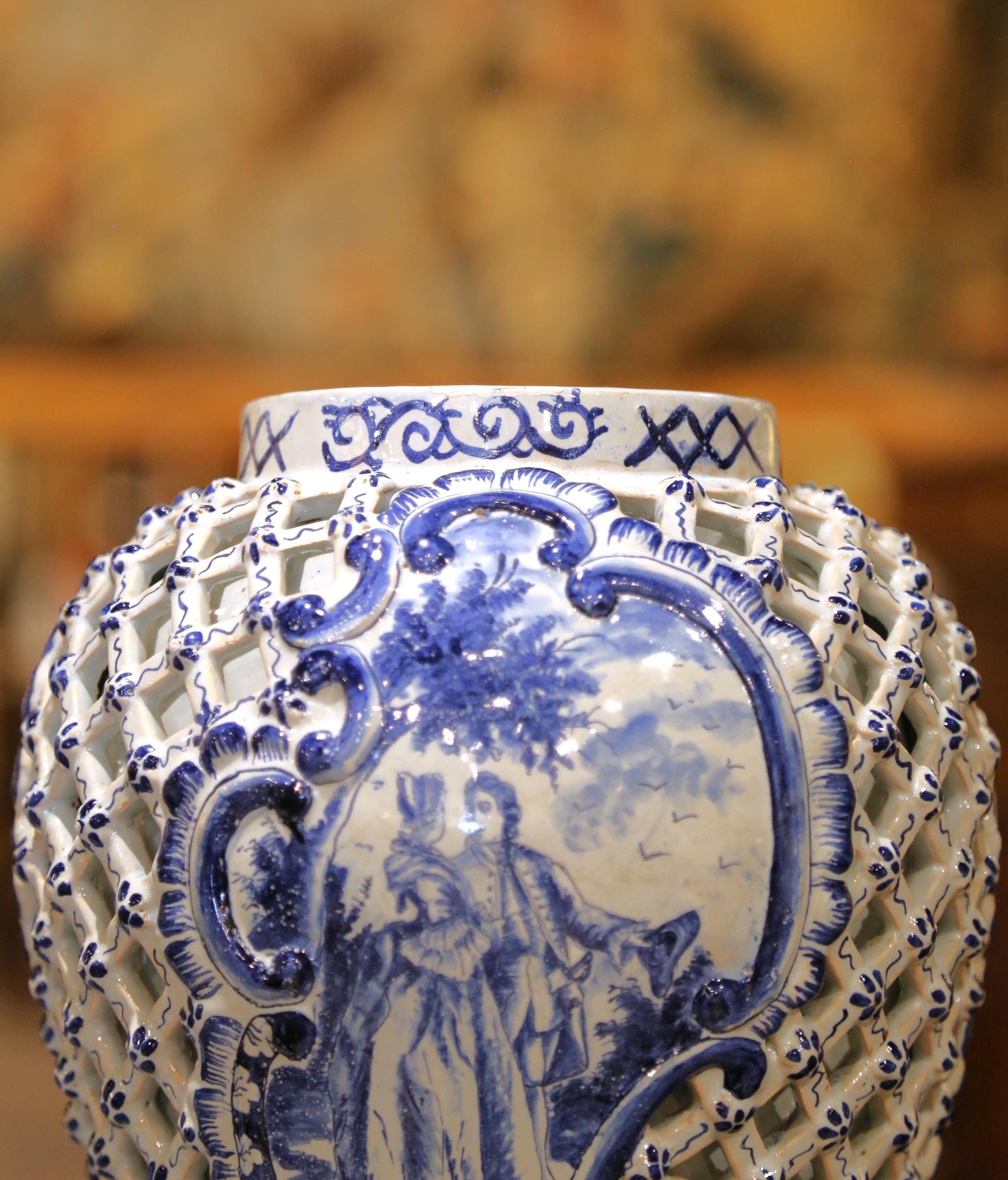 19th Century Pair of 19th C. French Blue and White Desvres Lidded Vases in Delft Style For Sale