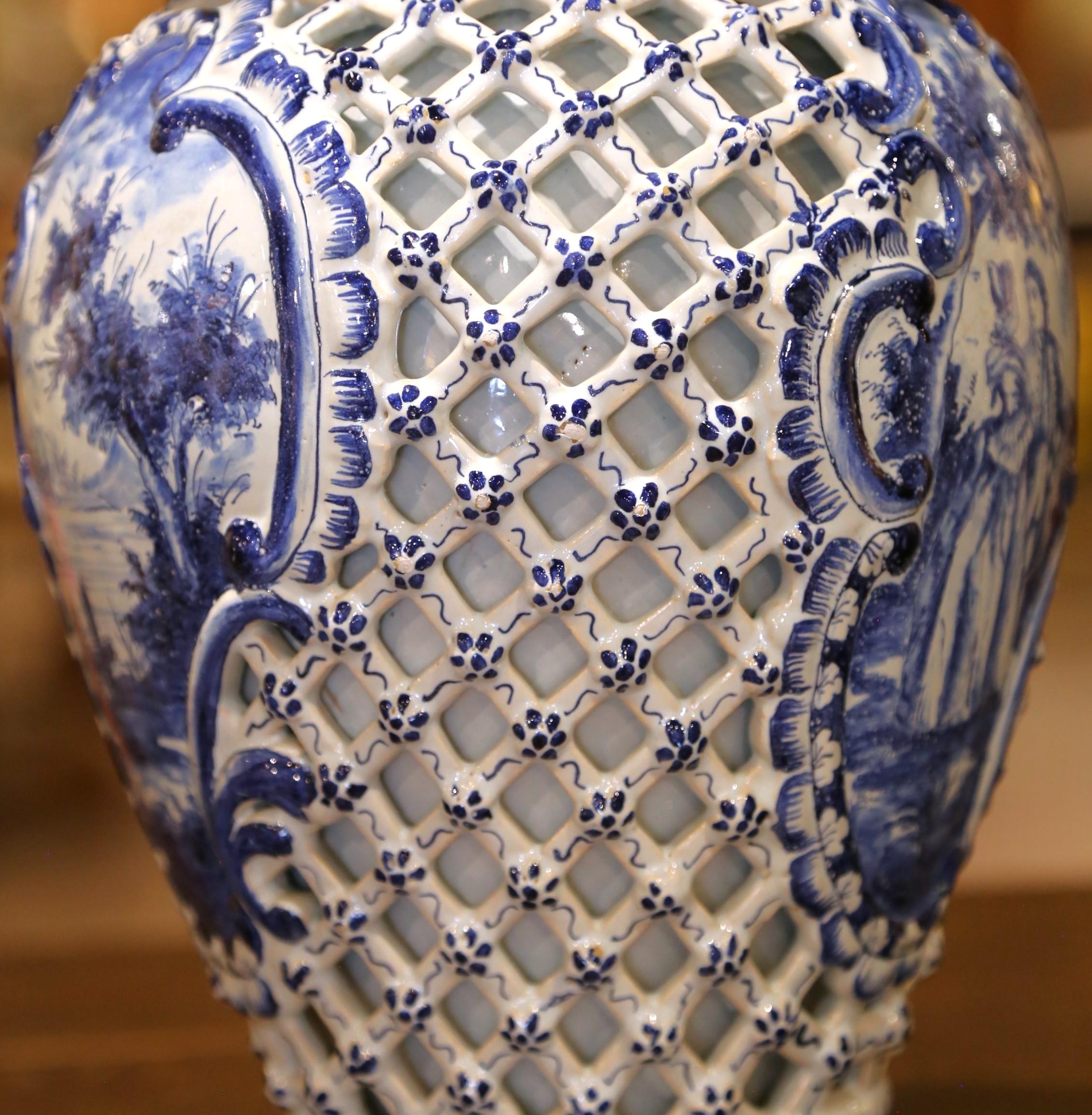 Ceramic Pair of 19th C. French Blue and White Desvres Lidded Vases in Delft Style For Sale