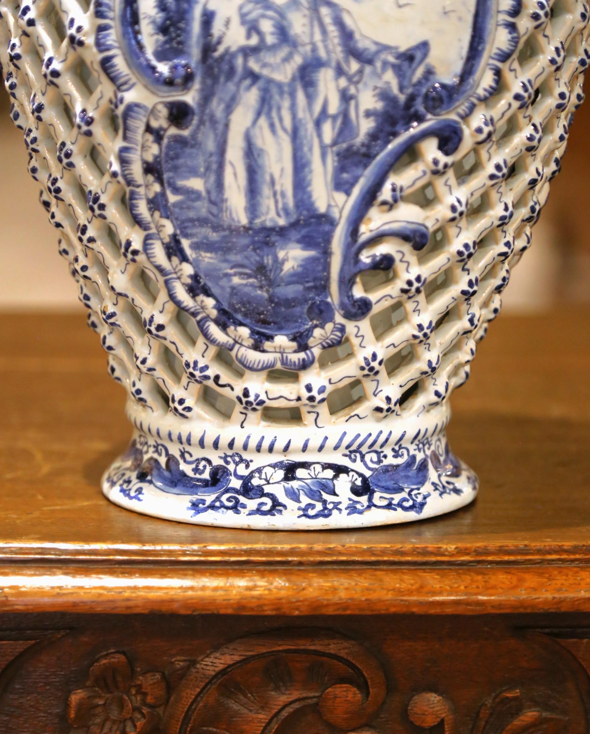 Pair of 19th C. French Blue and White Desvres Lidded Vases in Delft Style For Sale 1