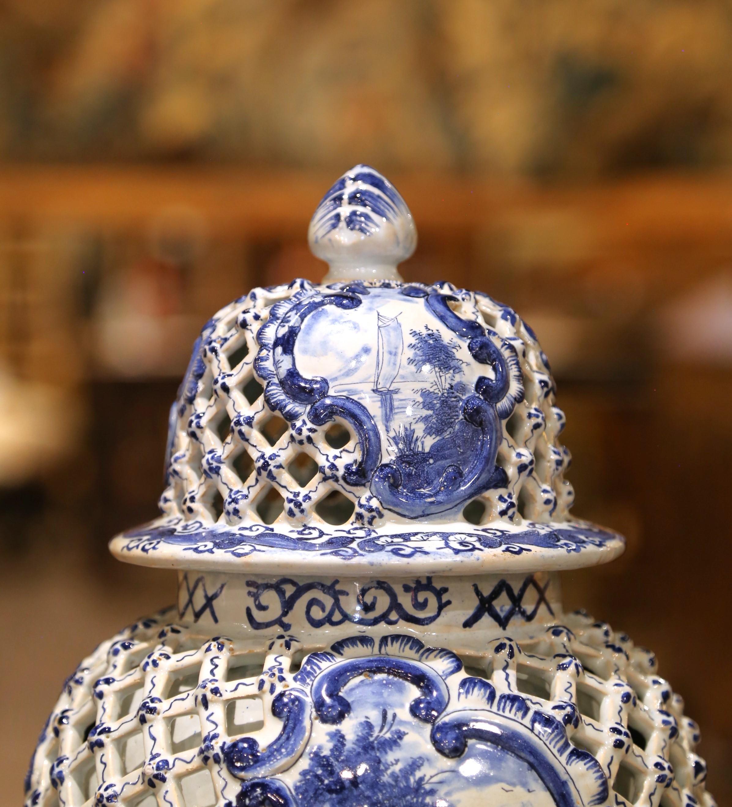 Pair of 19th C. French Blue and White Desvres Lidded Vases in Delft Style For Sale 2