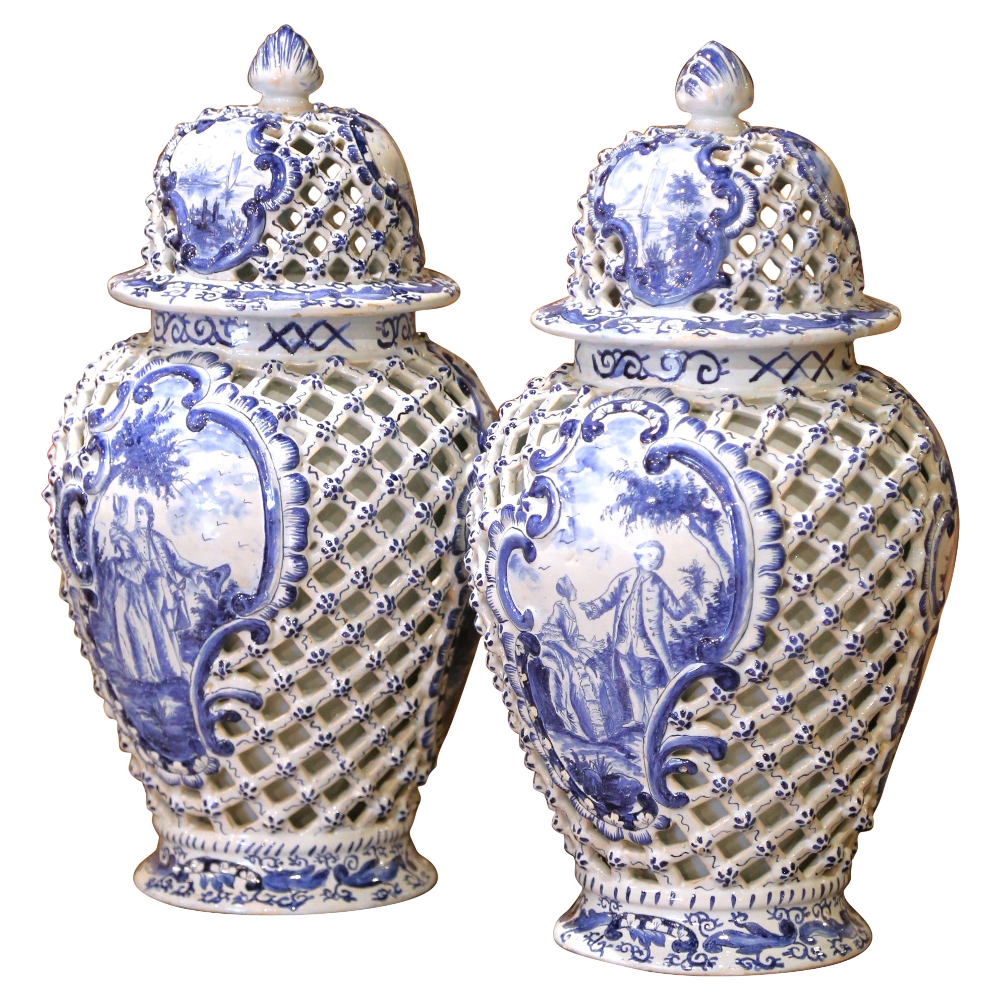 Pair of 19th C. French Blue and White Desvres Lidded Vases in Delft Style
