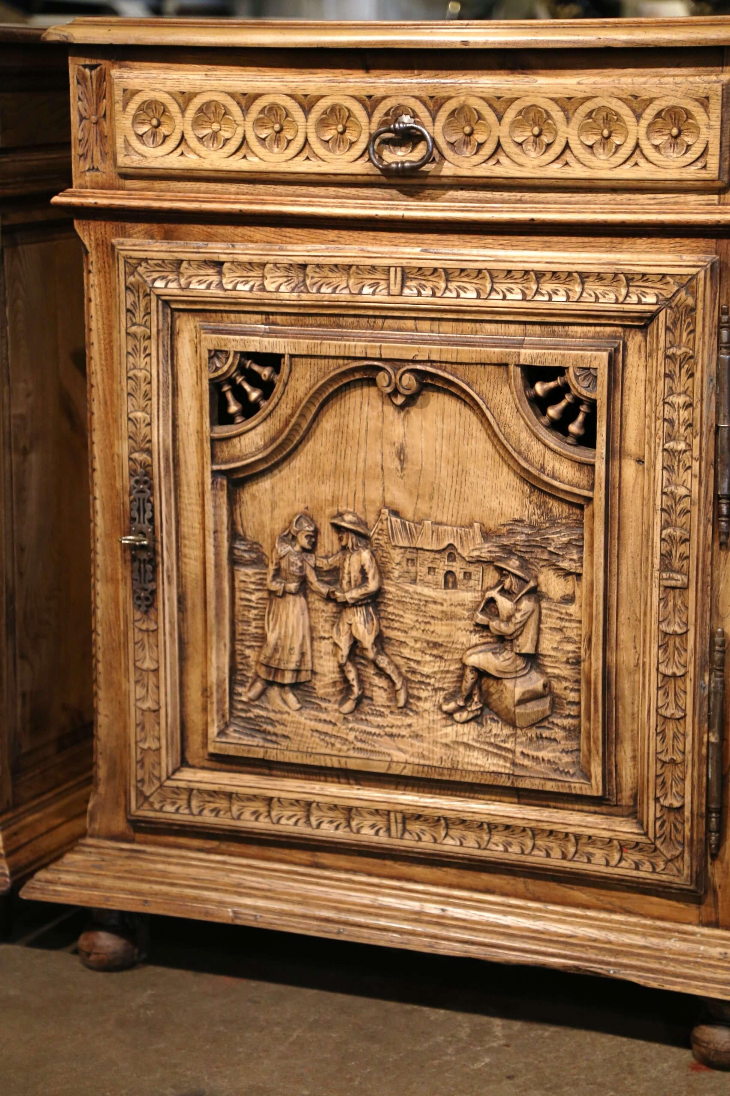 Pair of 19th C. French Brittany Carved Bleached Oak & Chestnut Jelly Cabinets For Sale 5