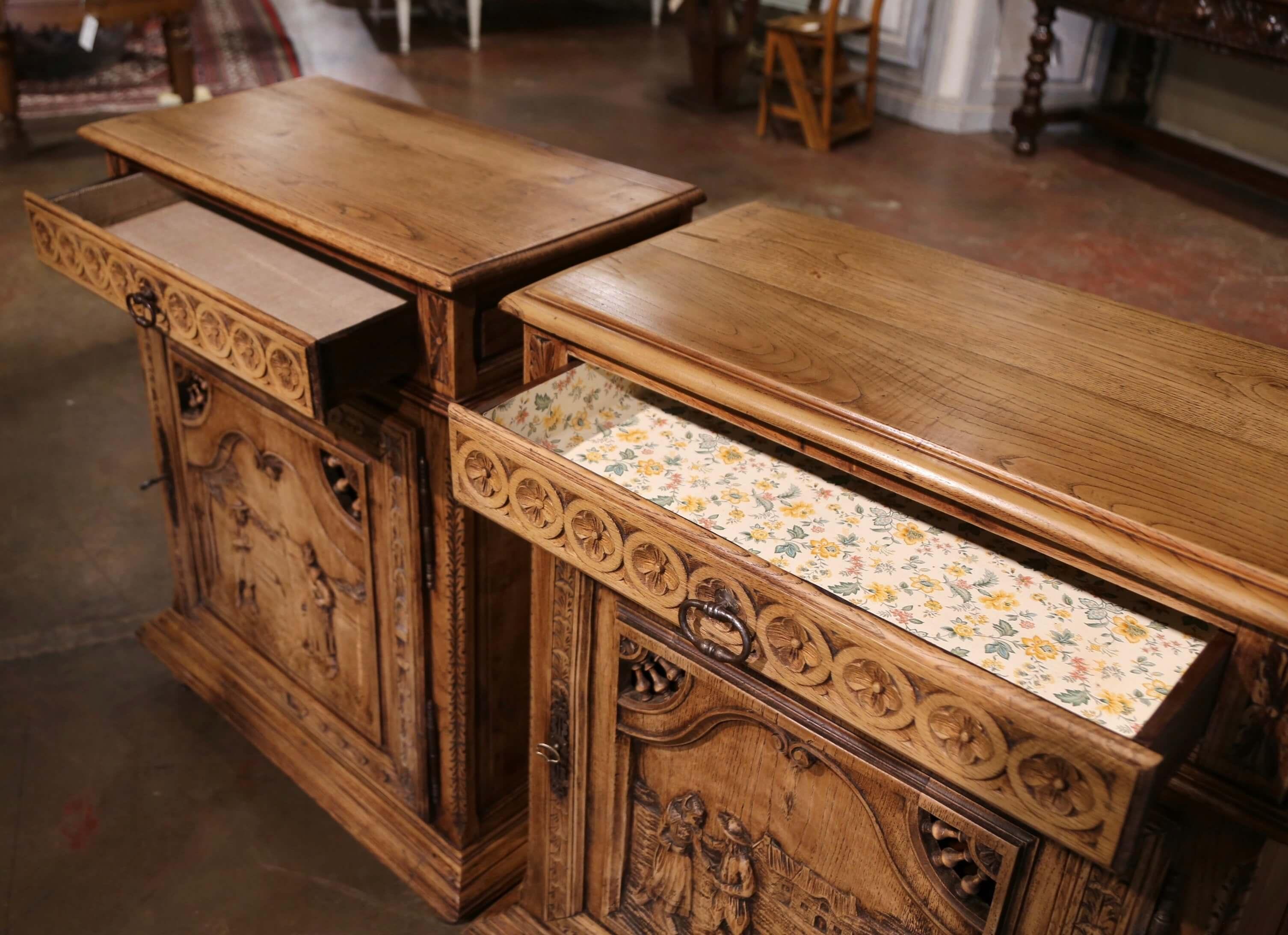 Pair of 19th C. French Brittany Carved Bleached Oak & Chestnut Jelly Cabinets For Sale 8