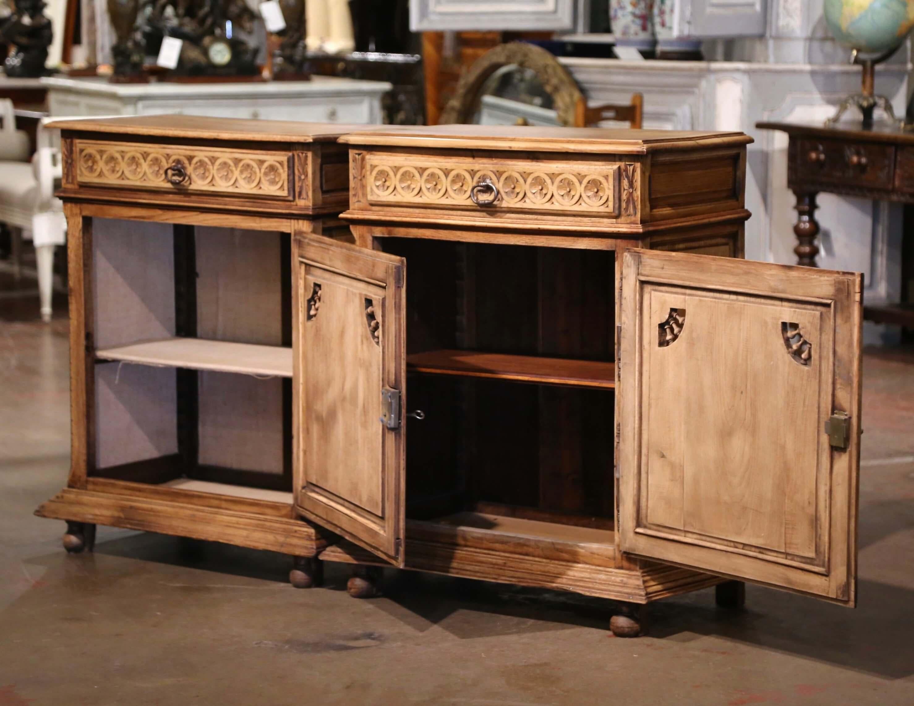 Pair of 19th C. French Brittany Carved Bleached Oak & Chestnut Jelly Cabinets For Sale 9