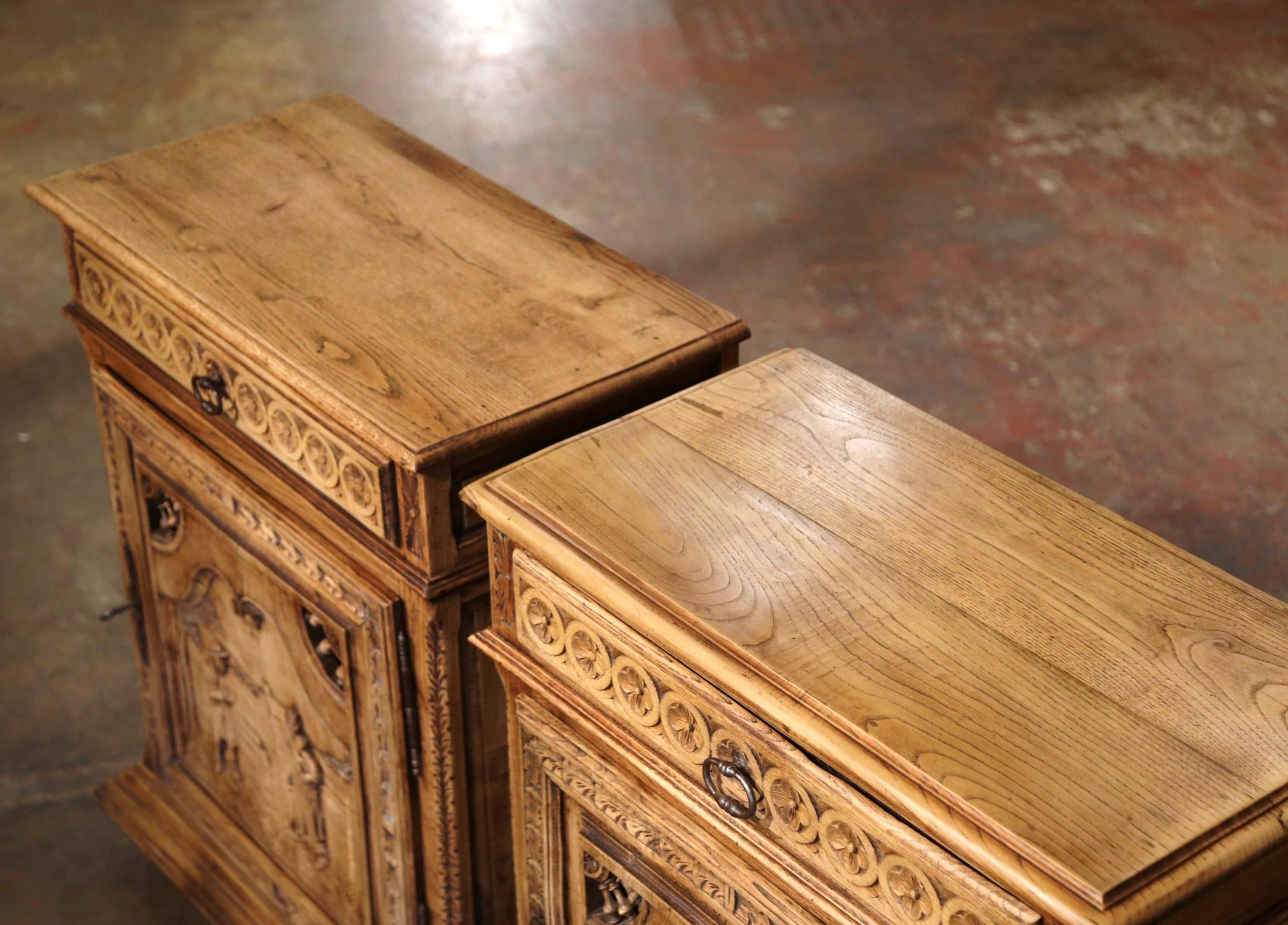 Louis XIII Pair of 19th C. French Brittany Carved Bleached Oak & Chestnut Jelly Cabinets For Sale