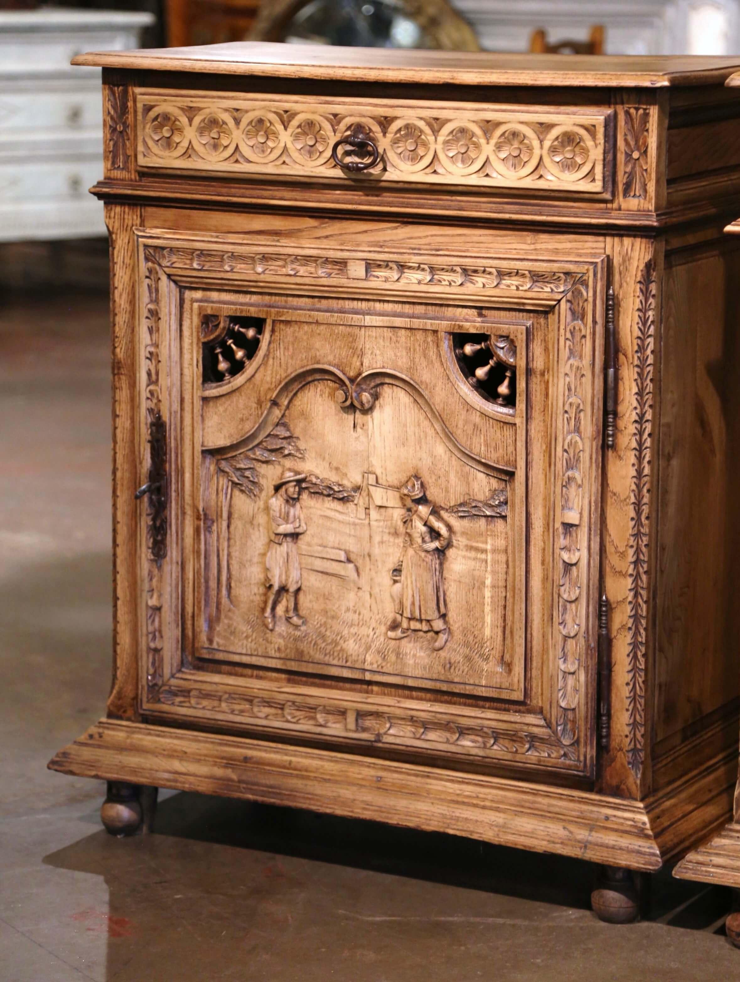 Pair of 19th C. French Brittany Carved Bleached Oak & Chestnut Jelly Cabinets In Excellent Condition For Sale In Dallas, TX