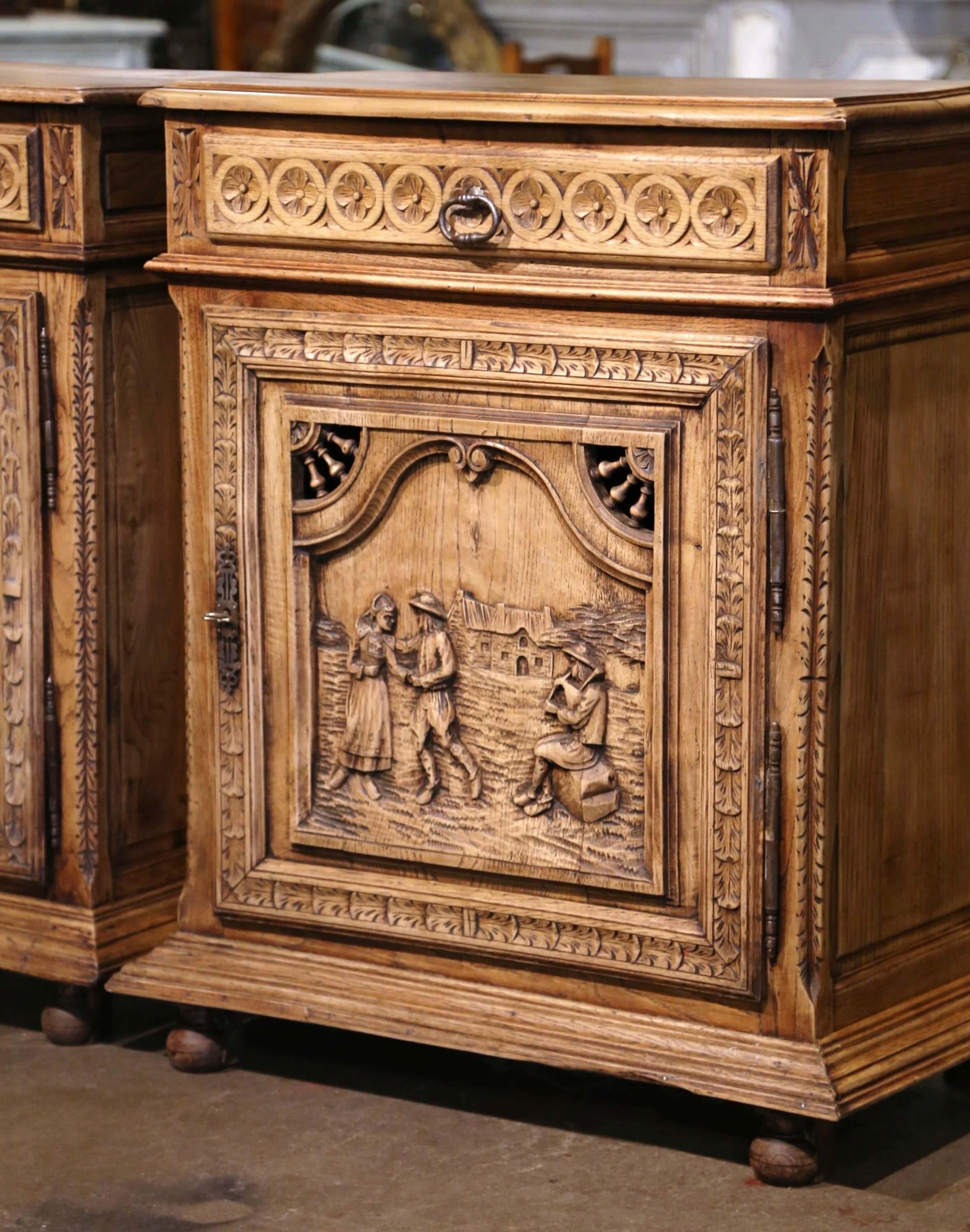 19th Century Pair of 19th C. French Brittany Carved Bleached Oak & Chestnut Jelly Cabinets For Sale