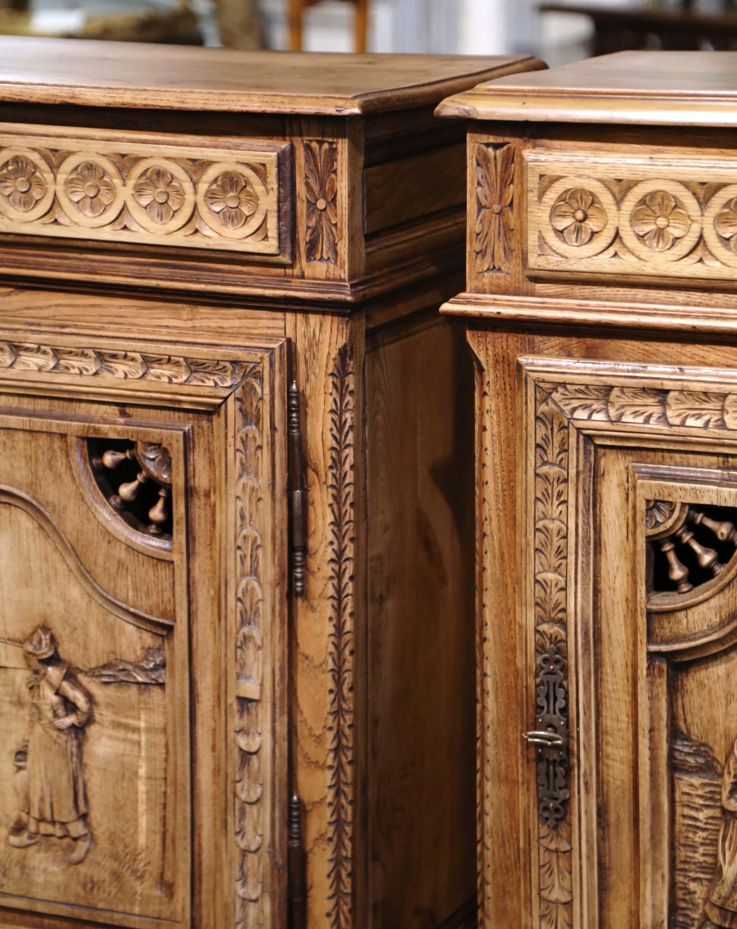 Pair of 19th C. French Brittany Carved Bleached Oak & Chestnut Jelly Cabinets For Sale 1