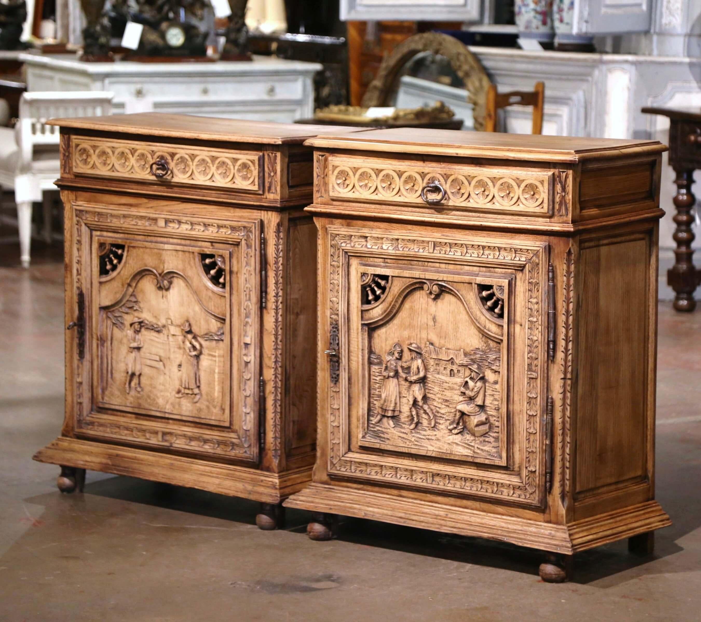 Pair of 19th C. French Brittany Carved Bleached Oak & Chestnut Jelly Cabinets For Sale 2