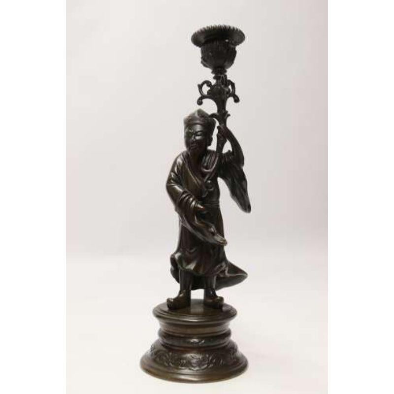 Pair of 19th C French Bronze Candlesticks in the Form of Chinese Figures C 1870 For Sale 5